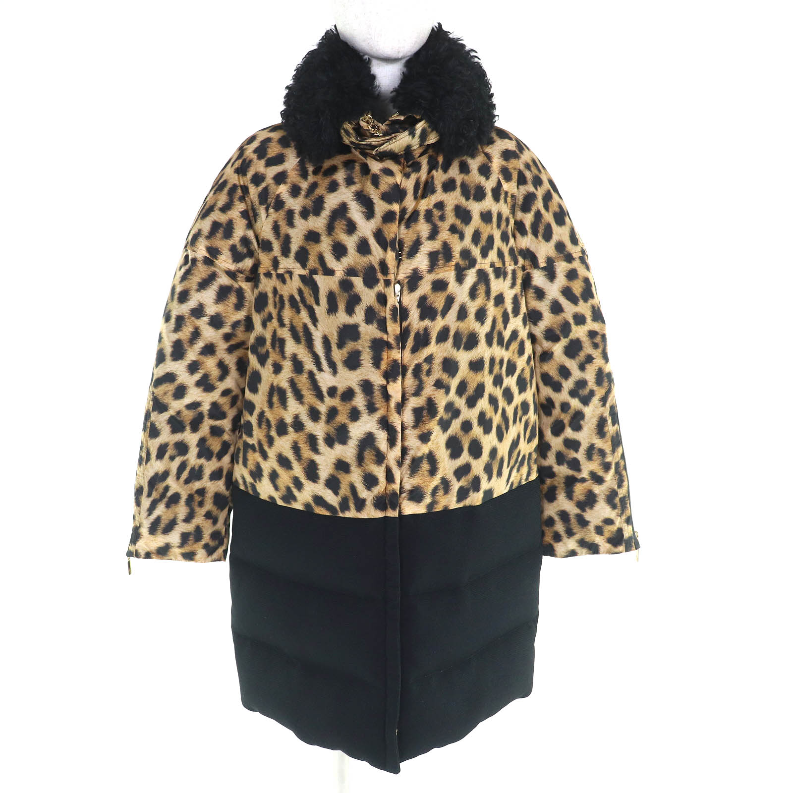 美品△MONCLER GAMME ROUGE モンク軌跡 チュインガム頬べに FLAVIENNE ロゴタイプ金具 子ヒツジ毛革付き添い人 レオパードプリント ロング 落ち込む厚地の外套 ベージュ 黒いこと 1 イタリア製 レディース【中古】