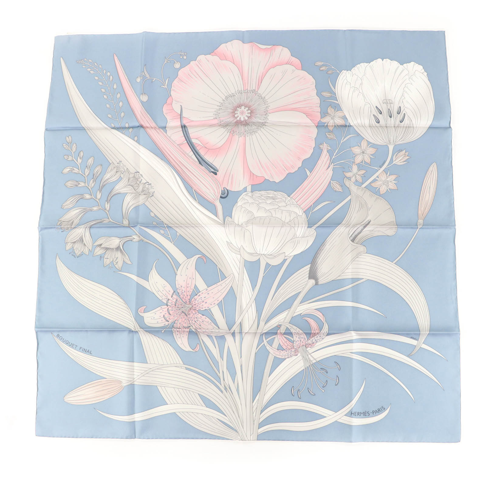 未使用品★HERMES エルメス 2025年製 カレ90 BOUQUET FINAL ブーケ・フィナル シルク100％ BLEU JEAN/ROSE PAL スカーフ 箱付き フランス製 レディース【中古】 42,900円