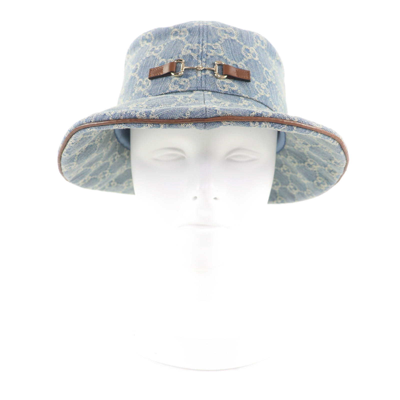 未使用品★GUCCI グッチ 2025年製 836220 ホースビット金具付 レザー使い GG柄 ボブ デニム ハット インディゴ L 保存袋付き イタリア製 正規品 レディース【中古】