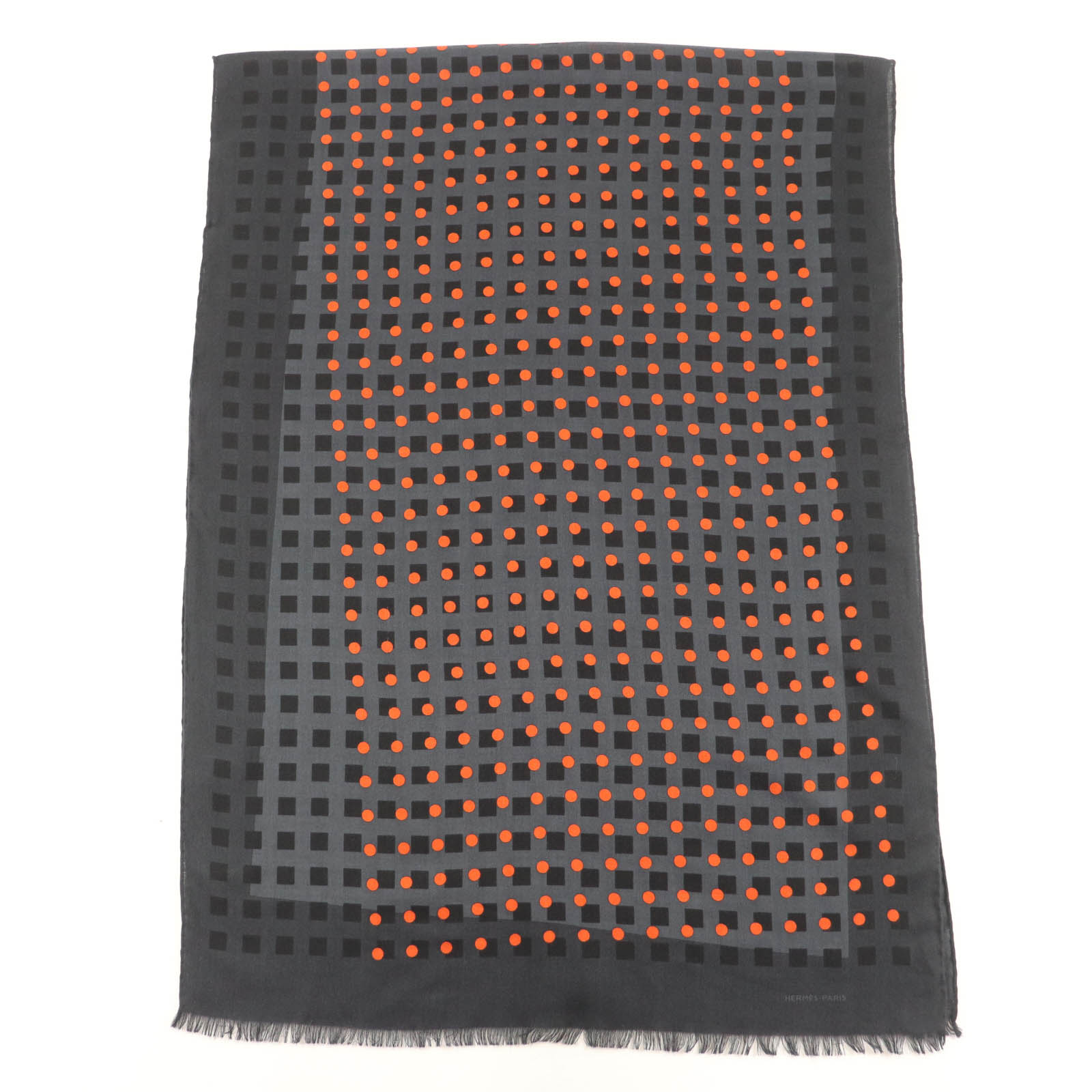 未使用品☆HERMES エルメス カシミヤ シルク ドットデザイン フリンジ付 大判ショール ストール グレー系 イタリア製 レディース【中古】