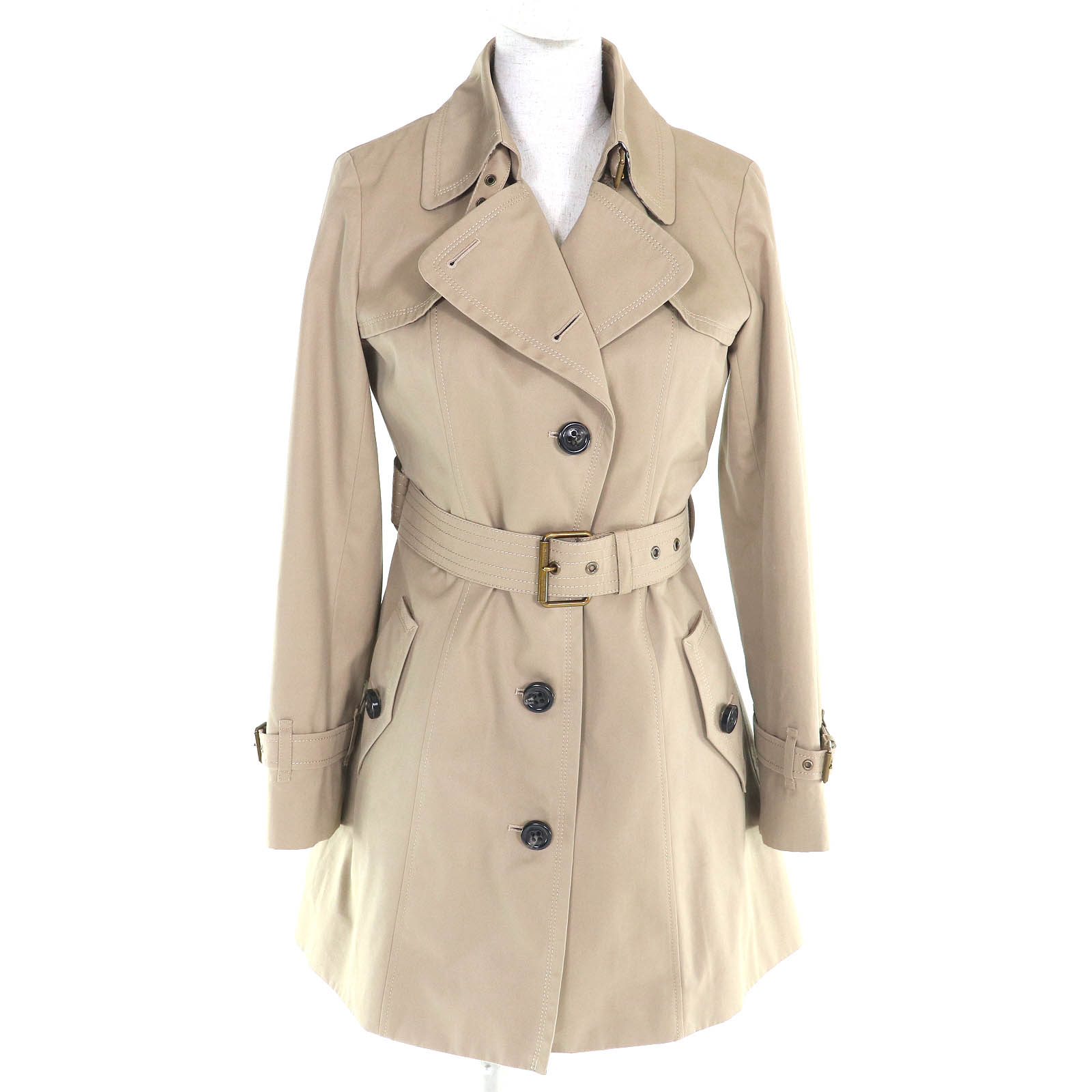 美品△BURBERRY BLUE LABEL バーバリーブルーレーベル コットン100％ 裏地チェック柄 ロゴボタン ウールライナー付き トレンチコート ミディアム丈 ベージュ 40 正規品 レディース【中古】