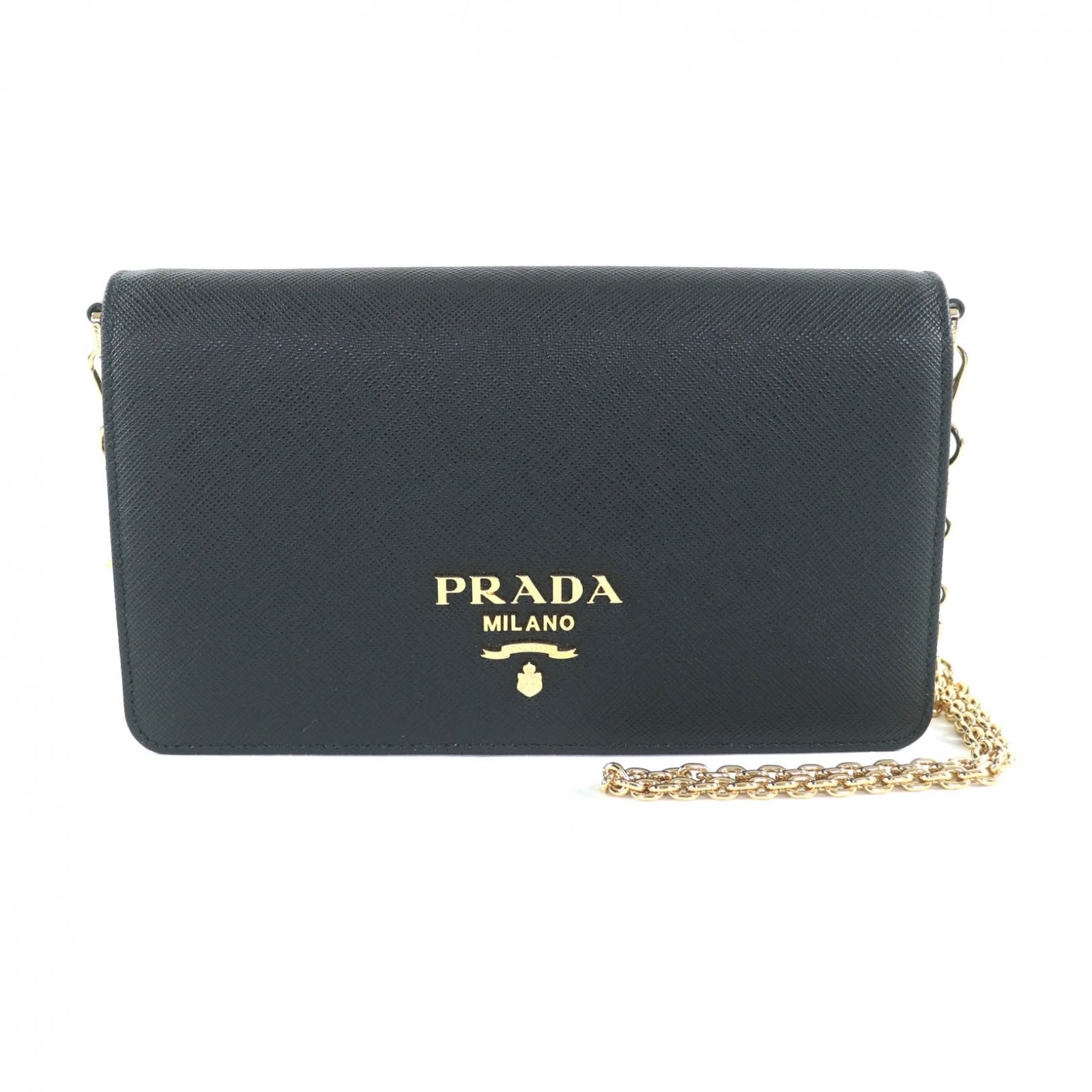 極美品★PRADA プラダ 1BP053 サフィアーノレザー ミニバッグ トライアングルチェーン付 ショルダーバッグ ブラック イタリア製 レディース【中古】｜衣類＆ブランドリサイクル GREEN