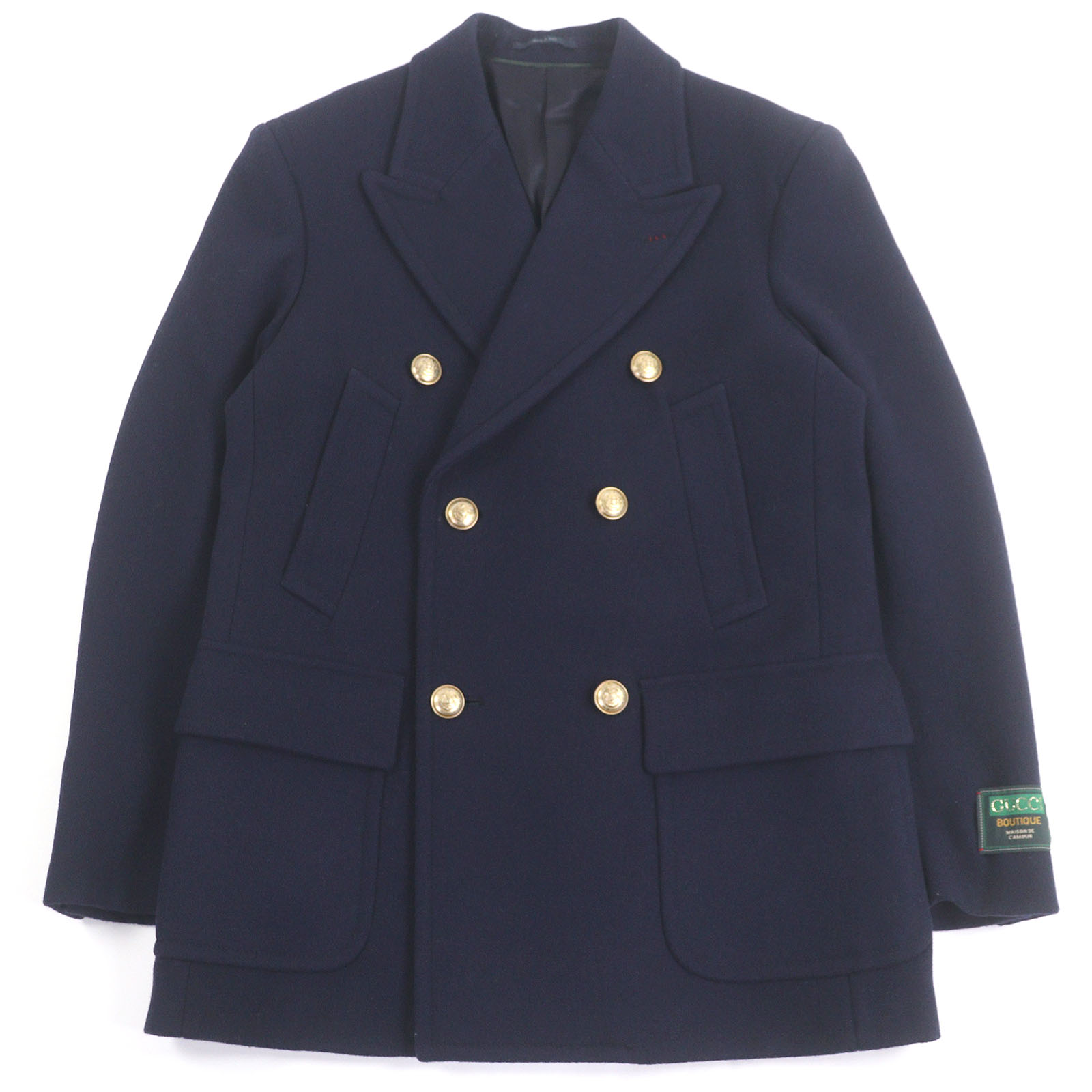 極美品□GUCCI グッチ 715703 ウール100％ エンブレムロゴ金ボタン ダブルブレスト ピーコート チェスターコート ネイビー 44 イタリア製 正規品 メンズ【中古】