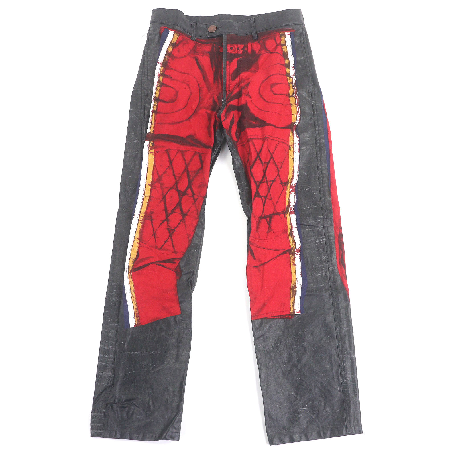 美品□GAULTIER JEAN’S ゴルチエジーンズ ヴィンテージ トロンプルイユ コーティング加工 バイカーパンツ スキニー ブラック レッド 46 日本製 正規品 メンズ【中古】 28,600円