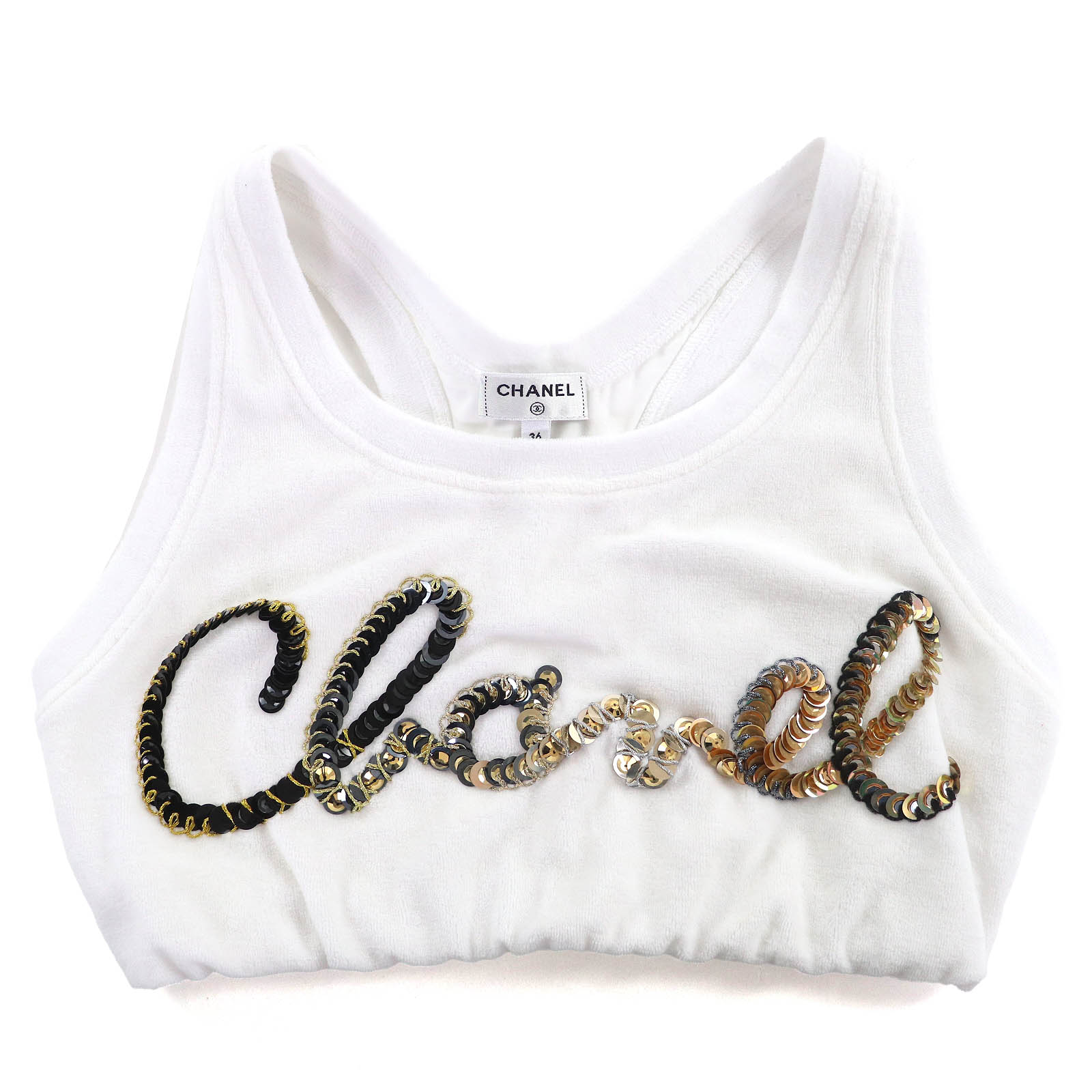 極美品△CHANEL シャネル P72665V64316 綿織物 ロゴタイプ スパンコール パイル地 クロップド 貯蔵タンクとっ始め 白いこと 36 イタリア製 定め事品 レディース【中古】