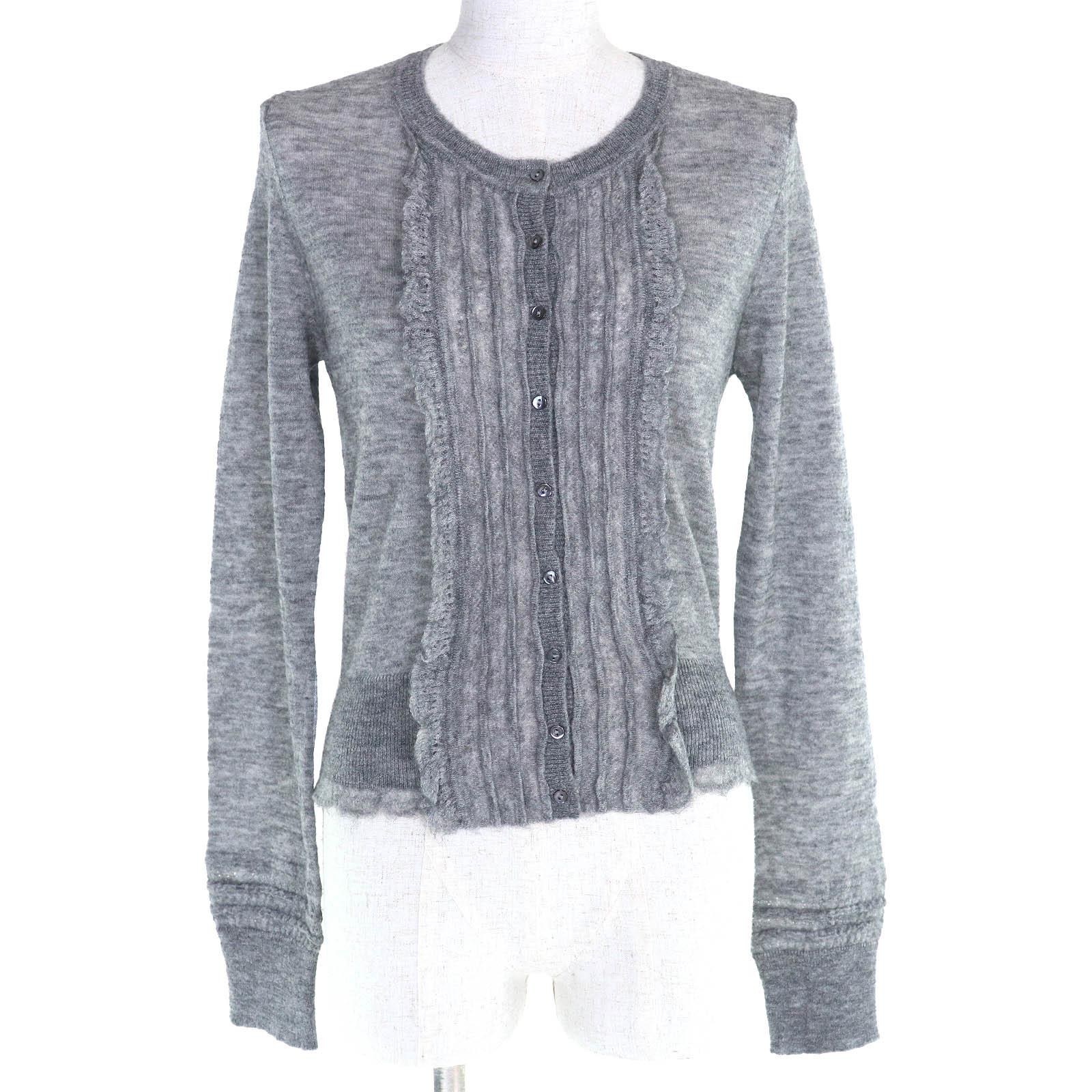 未使用品△ERMANNO SCERVINO エルマンノシェルヴィーノ ウール アルパカ混 フリルデザイン クロップド 長袖 ニット カーディガン グレー 42 イタリア製 正規品 レディース【中古】
