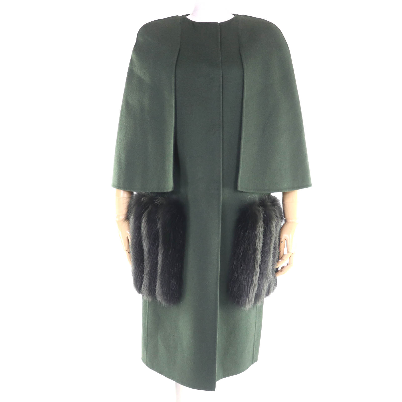 極美品◇FENDI フェンディ FF8369 ウール100％ フォックスファーポケット ノーカラー ケープコート グリーン 38 イタリア製 正規品 レディース【中古】