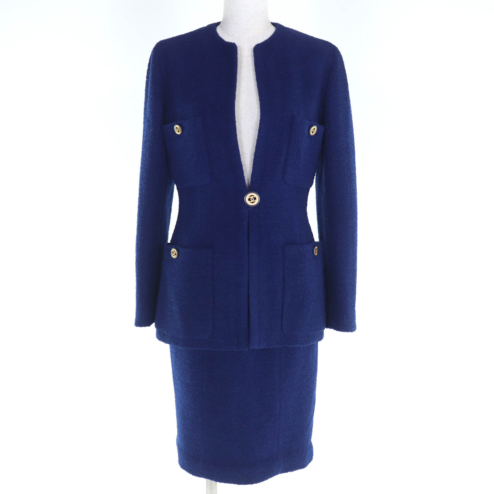 極美品◇CHANEL BOUTIQUE シャネルブチック ヴィンテージ 裏地地絹100％ ココマークボタン付き添い人 パイル地 上衣 スコート 背広 青碧 36 フランス共和国製 定め事品 レディース【中古】