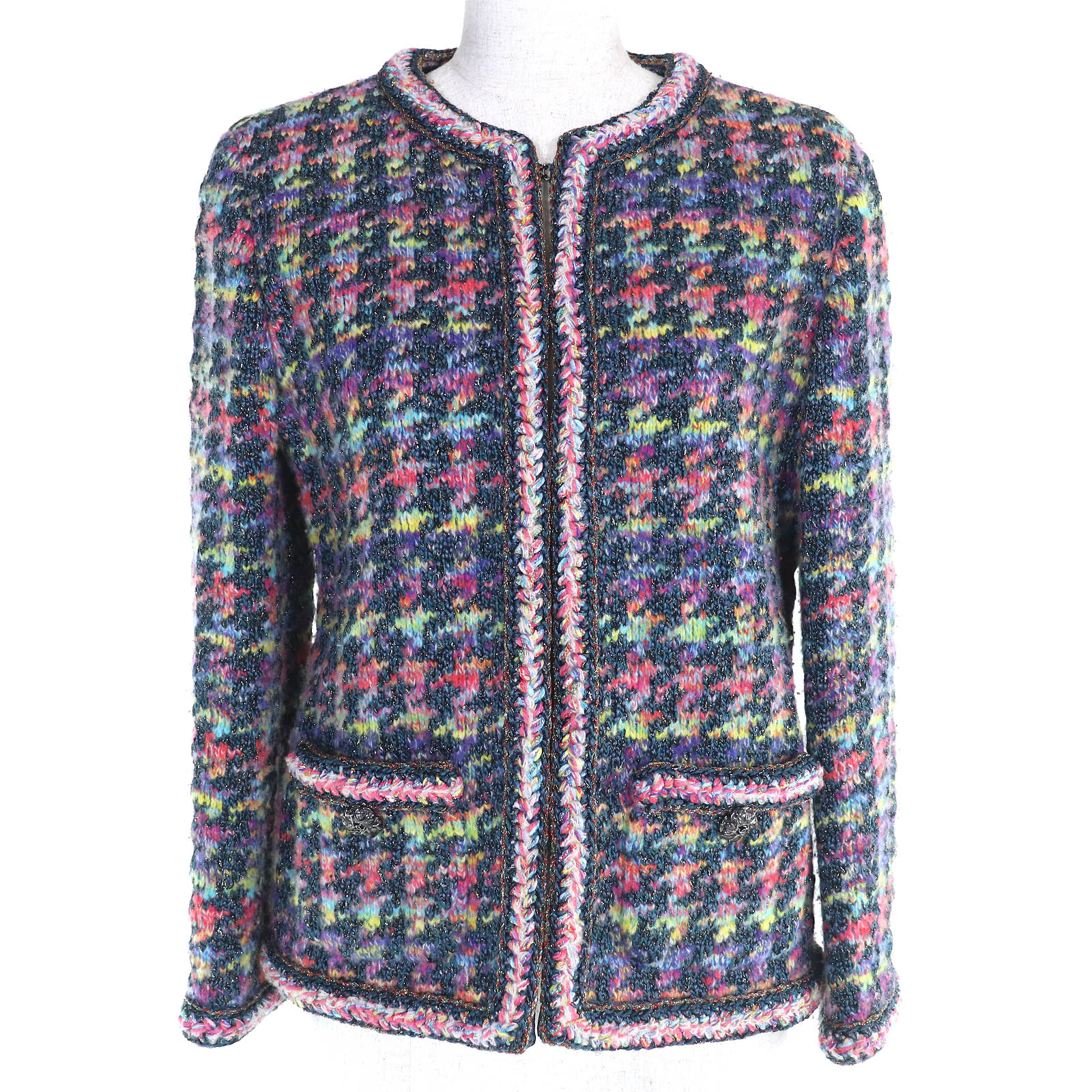極美品△CHANEL シャネル P64526 シルク ウール ココマークボタン ラメ糸 ツイード ノーカラージャケット マルチカラー 36 フランス製 正規品 レディース【中古】