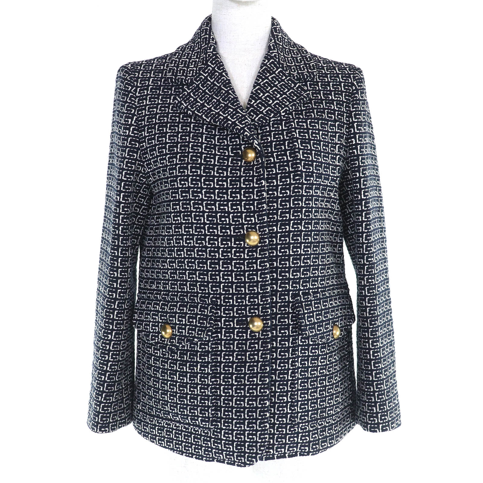 極美品△GUCCI グッチ 594810 GG柄 シグネチャー ジャカード 3B ウール ジャケット メタルボタン ブラック ホワイト 40 ハンガー付き イタリア製 正規品 レディース【中古】
