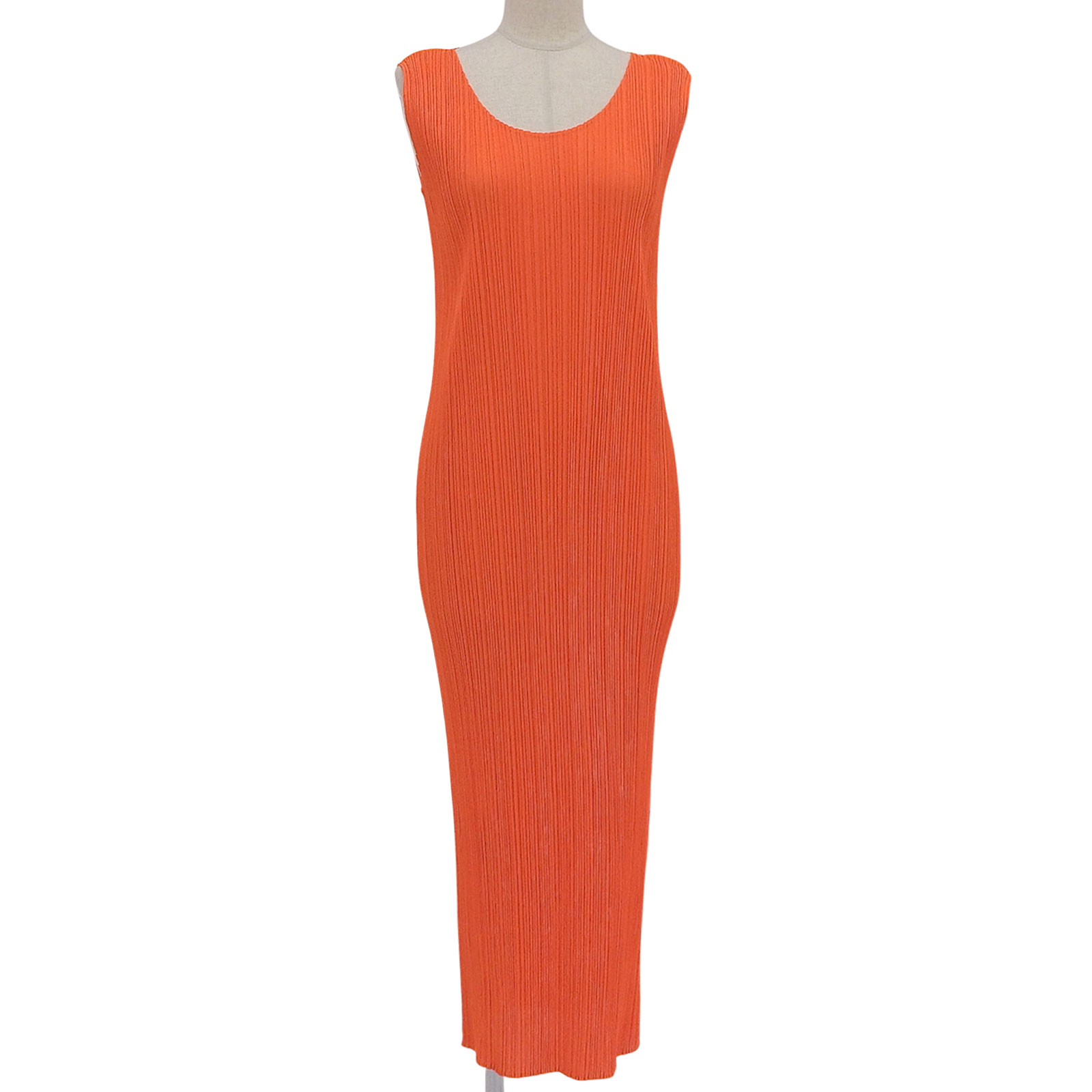 極美品▲PLEATS PLEASE プリーツプリーズ イッセイミヤケ PP11-JH201 マキシ丈 ノースリーブワンピース ネオンオレンジ 2 日本製 正規品 レディース【中古】