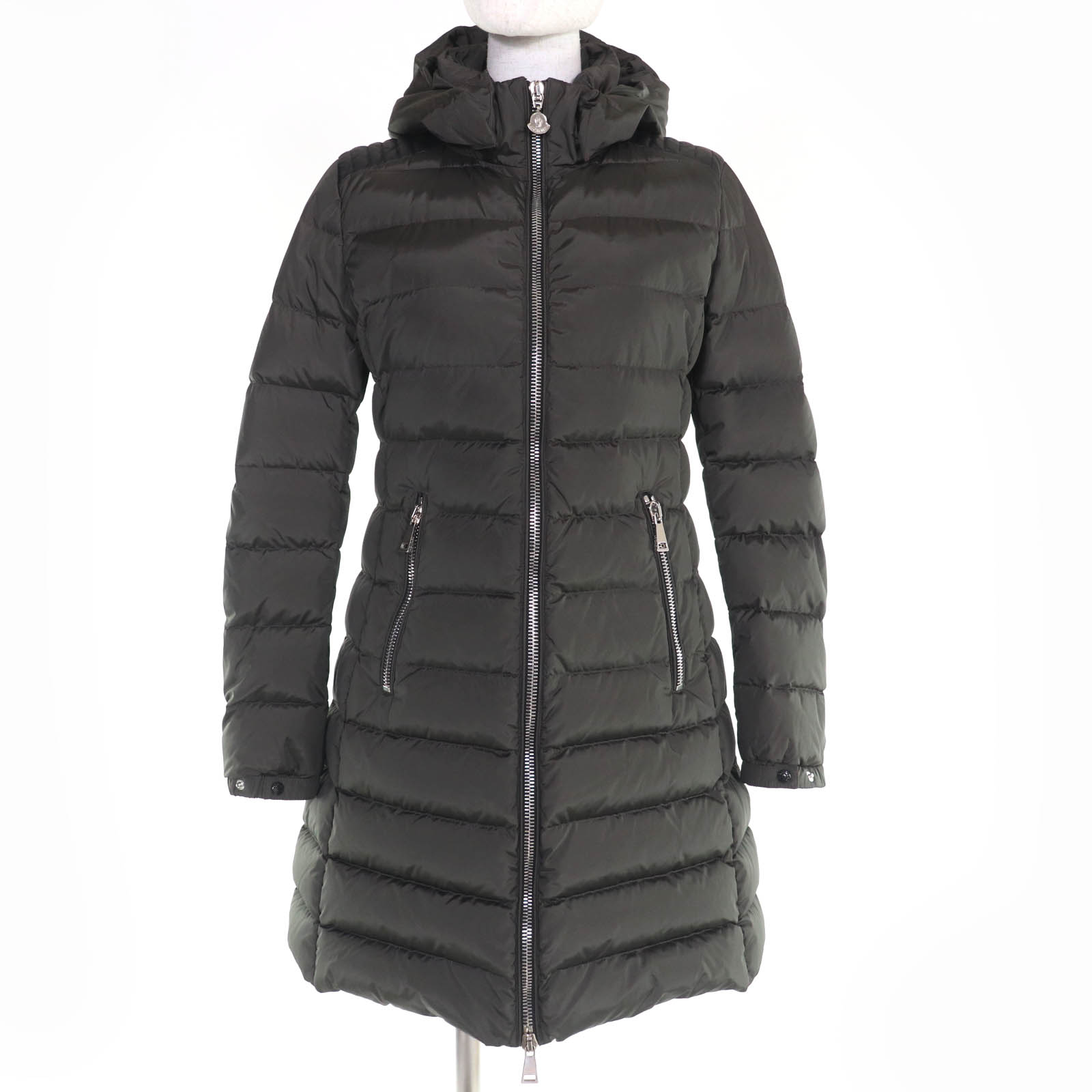 良品☆MONCLER モンクレール OROPHIN レザー使い ロゴワッペン・フード付 ZIP UP ダウンコート カーキ 1 正規品 レディース【中古】