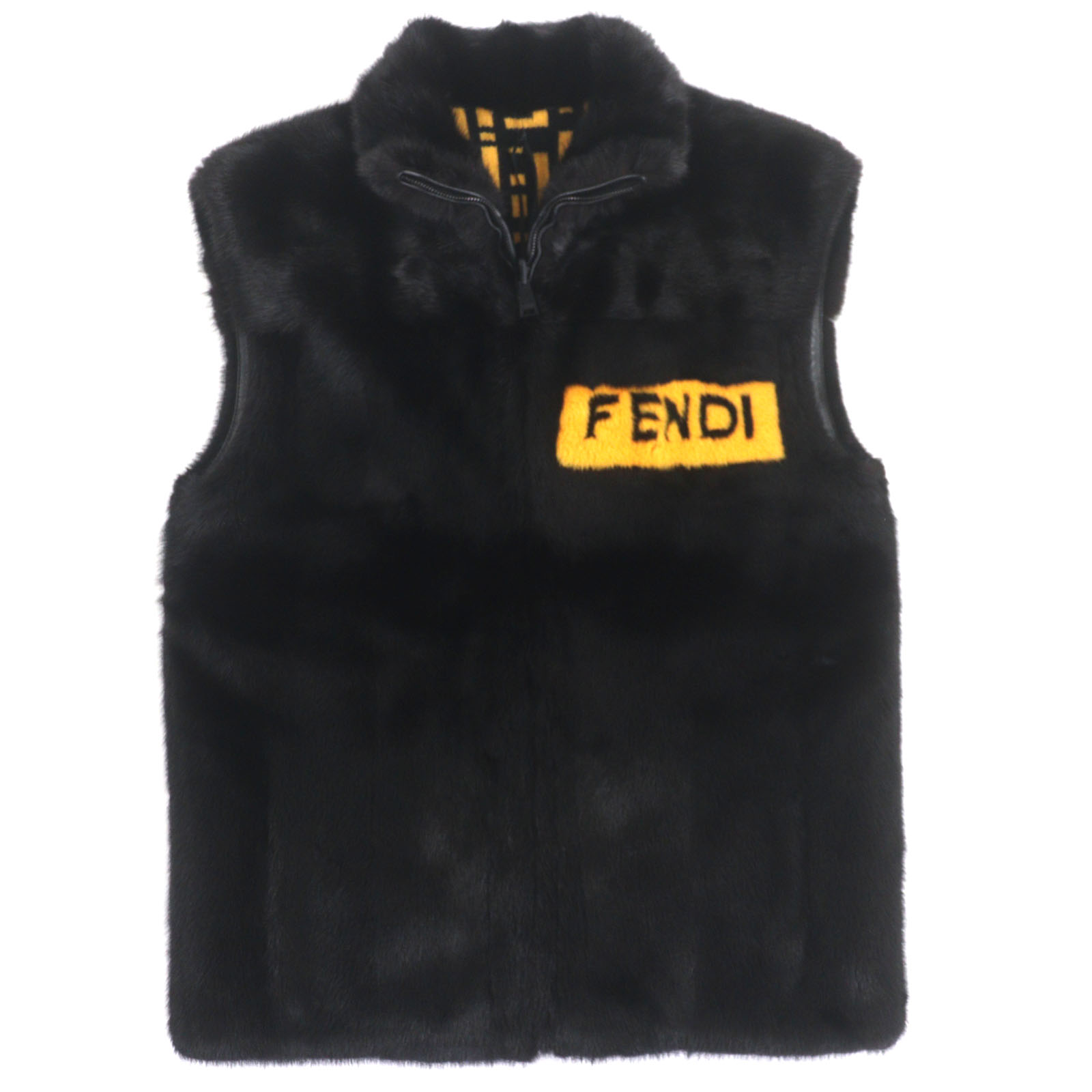 未当てはめる品▼FENDI フェンディ 2021年製 FMH024 ミンクのコート毛皮 MINK 羊革 子ヒツジなめし革 カシミール100% FFロゴタイプ ダブルジップアップ リヴァーシブル ジレ より良い 黒いこと 黄色 50 イタリア製 定まり品 メンズ【中古】