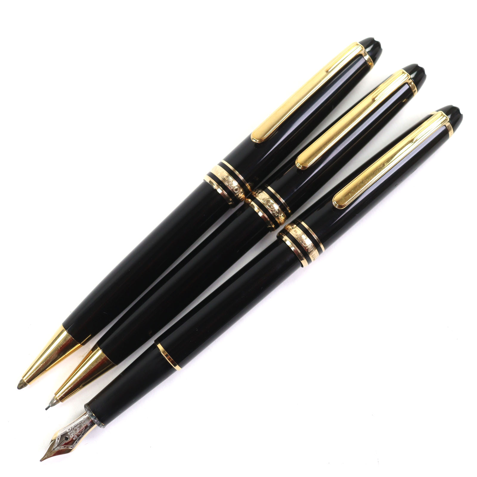 良品▼MONTBLANC モンブラン マイスターシュテュック 古典派音楽 書き込み先14K Mニブ 白いことはやりっ児 筆 ボールペン シャープペンシル 3本仕掛ける 筆 黒いこと ゴールド 入れもの付き添い人 ＦＲＧ製 メンズ 書きあらわす突きとめる済み【中古】