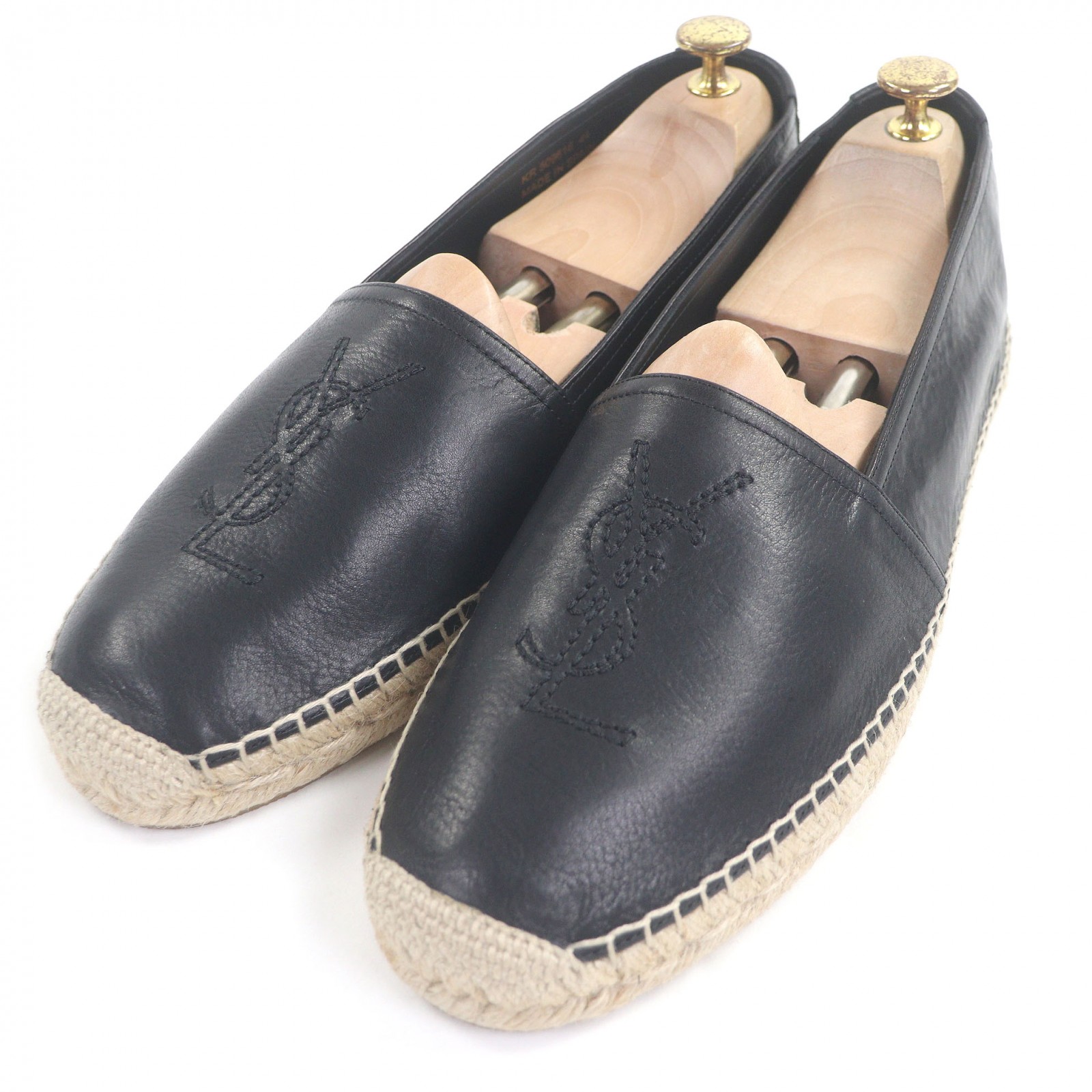 未使用品□SAINT LAURENT PARIS サンローランパリ 509616 レザー ジュート YSLステッチ エスパドリーユ スリッポン フラットシューズ モカシン ブラック 44 箱・保存袋付き メンズ【中古】