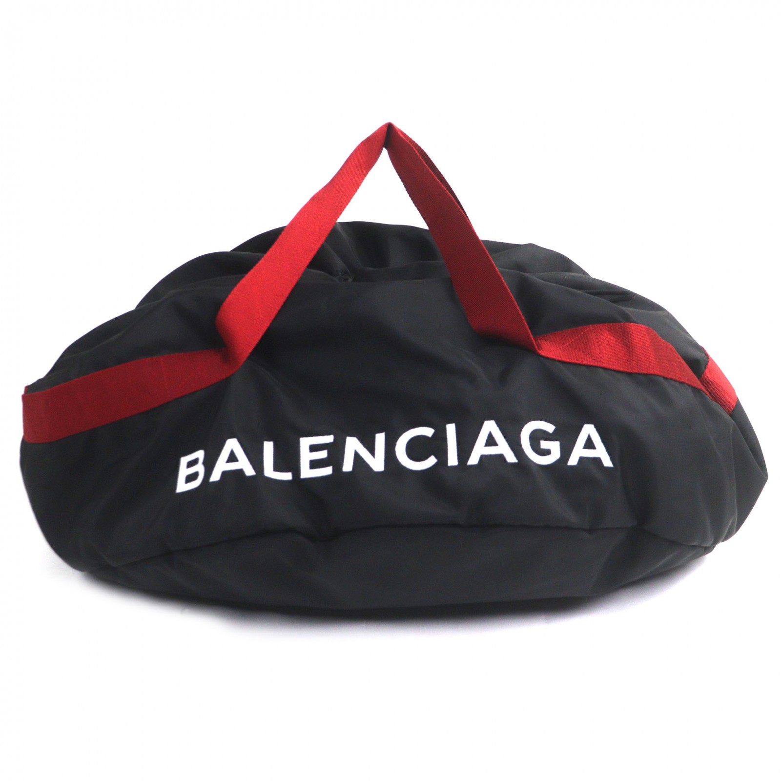 美品▼BALENCIAGA バレンシアガ 489941 車輪 ナイロン ロゴタイプ刺しゅう 合財袋型 大型 ボストンバッグ 黒いこと 赤いこと メンズ【中古】