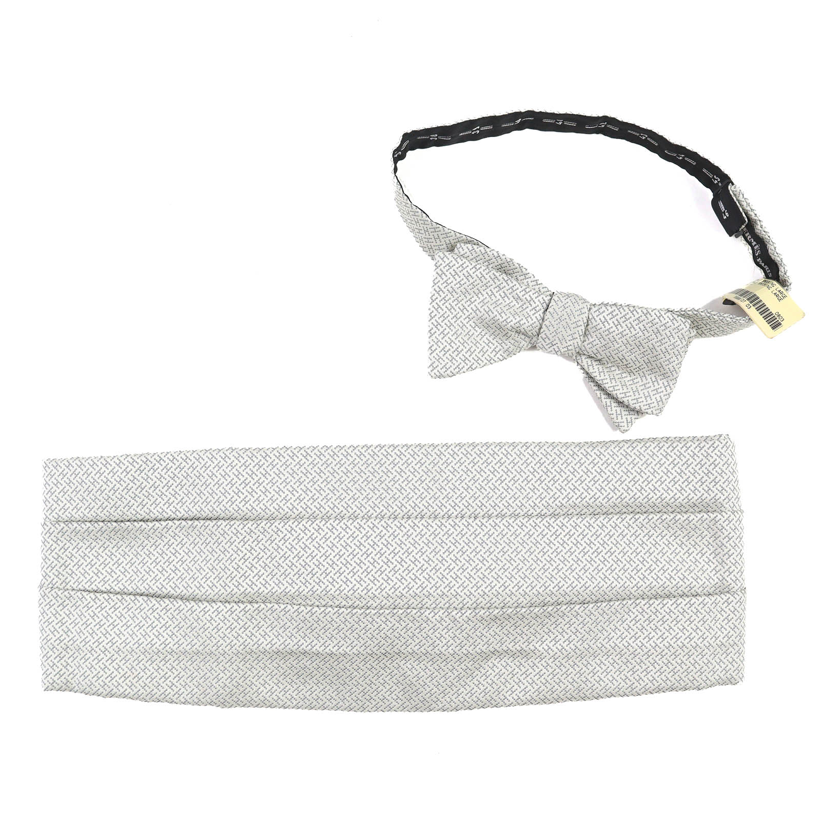 未使用品△HERMES エルメス シルク100％ ゴールド金具 Hモチーフ カマーバンド 蝶ネクタイ アンサンブル ２点セット ライトグレー フランス製 メンズ【中古】