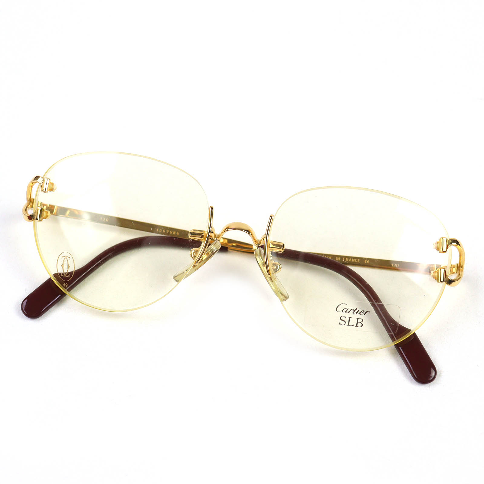 極美品△Cartier カルティエ  ツーポイント リム受け答え 眼鏡 メガネ アイウェア ゴールド ボルドーワイン □16 130 示威運動水晶体 箱・容れもの付き添い人 フランス共和国製 メンズ【中古】