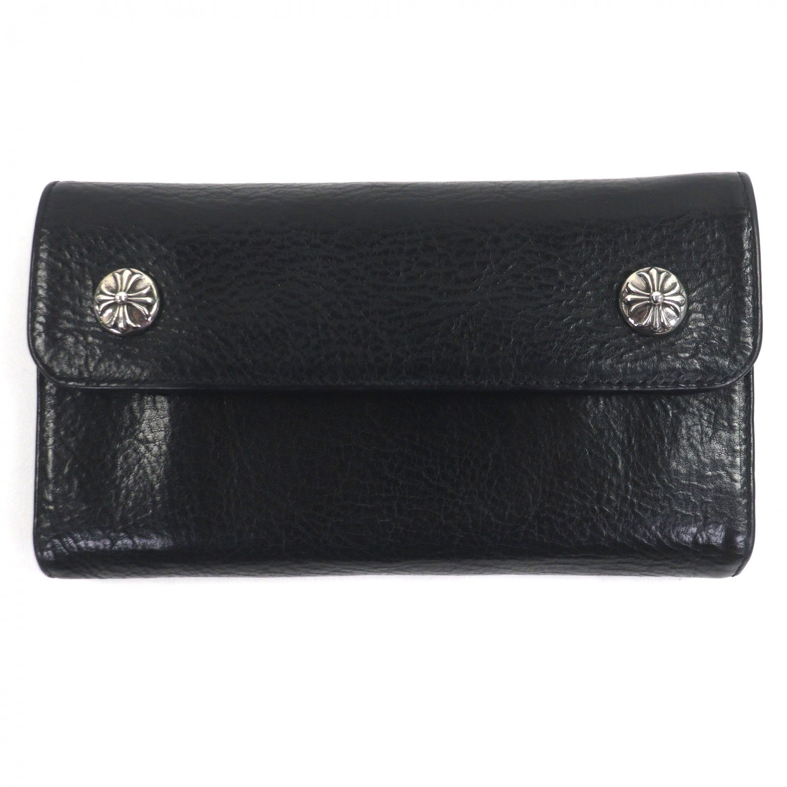 美品▼CHROME HEARTS クロムハーツ ウェーブ レザー クロスボタン ダガージップ ロング ウェーブウォレット 長財布 ブラック シルバー金具 メンズ【中古】 148,500円