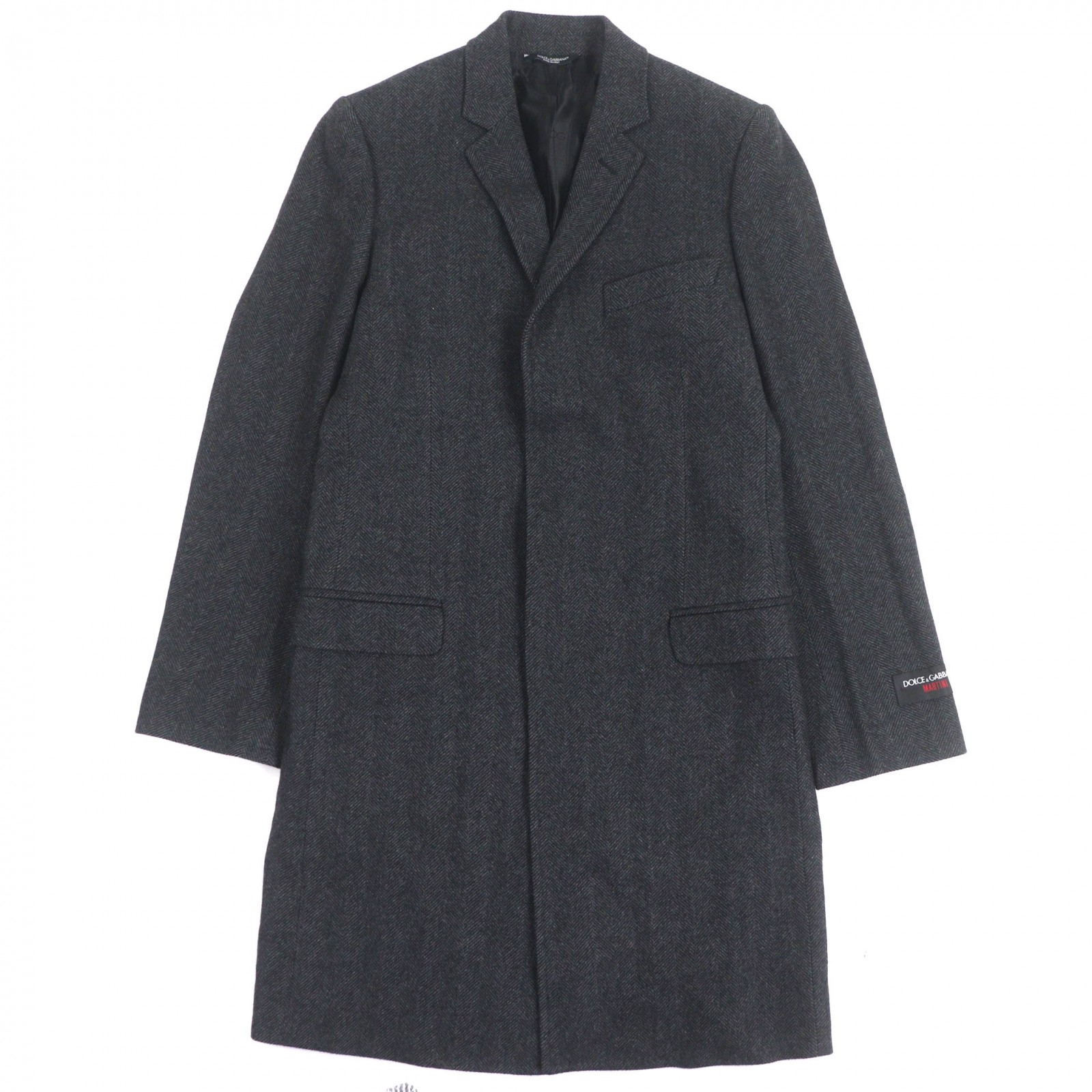 未使用品▼DOLCE&GABBANA ドルチェ＆ガッバーナ MARTINI ウール60% 黒タグ ヘリンボーン柄 比翼仕立て ツイードコート グレー 44 イタリア製 正規品 メンズ【中古】