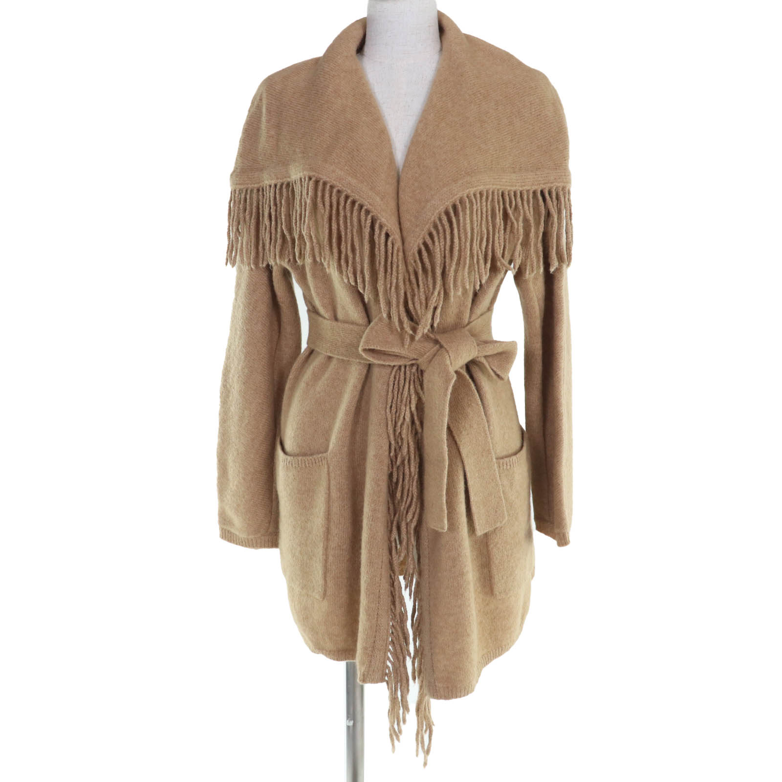 未使用品☆Max Mara マックスマーラ 134602836500 ウール キャメル ベルト・フリンジ付 ニット コート カーディガン キャメル M 正規品 レディース【中古】｜衣類＆ブランドリサイクル GREEN