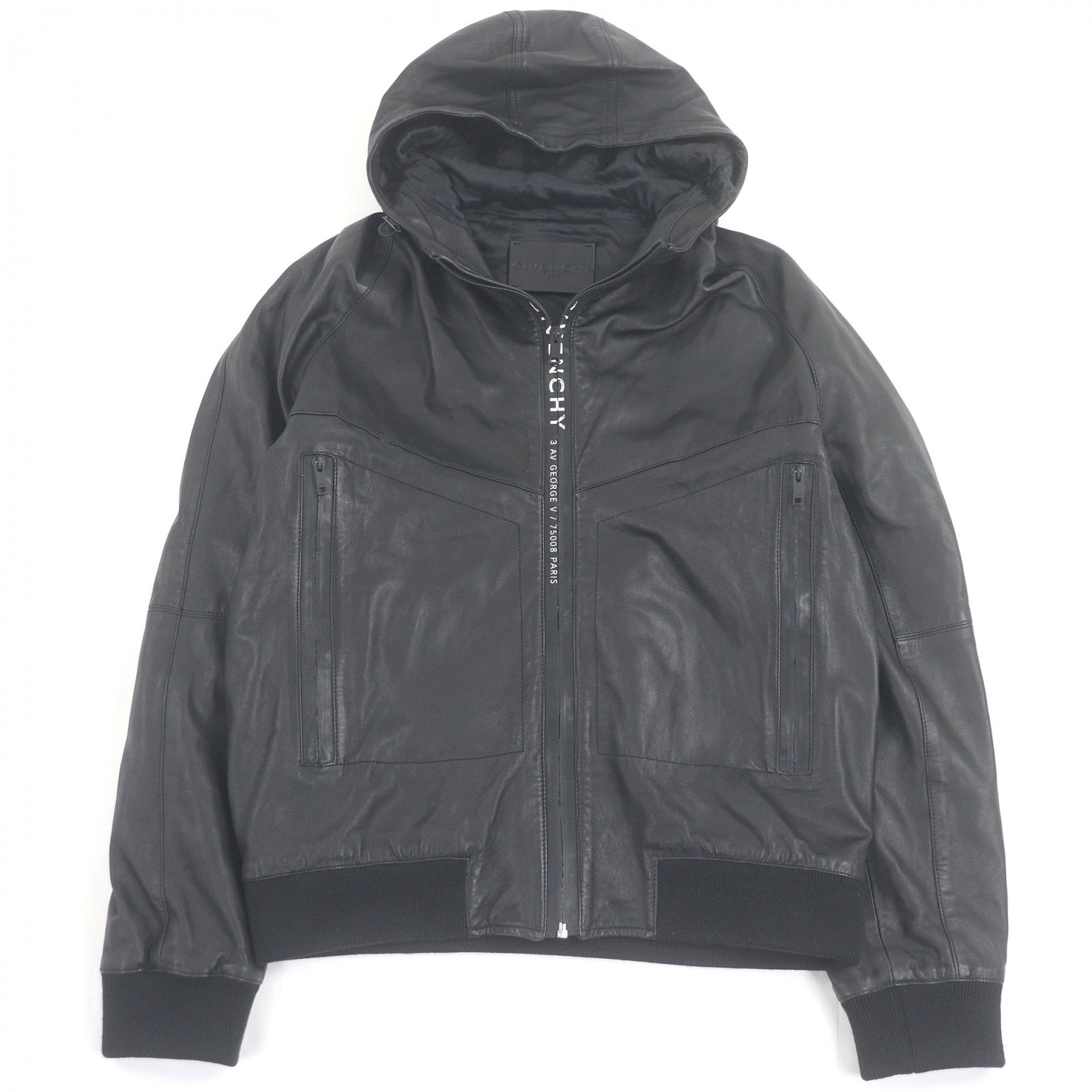 良品□GIVENCHY ジバンシィ BM00K360DH ロゴプリント フーデッド ラムレザージャケット ブルゾン ブラック 48 イタリア製 正規品 メンズ【中古】