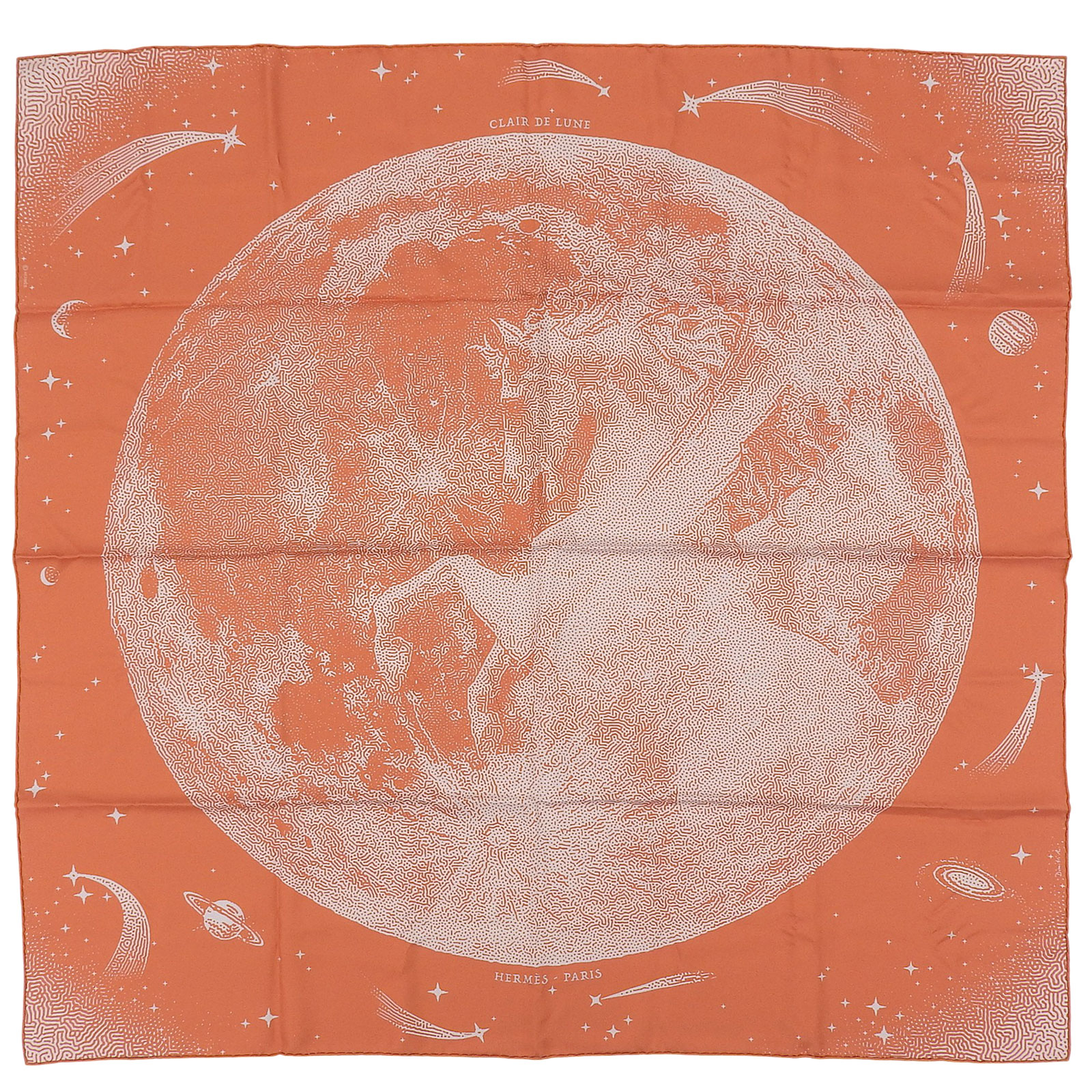 未当て嵌める品▲HERMES エルメス カレ90 CLAIR DE LUNE クレール ドゥ リュンヌ 地絹100％ えり巻き オレンジ色 薄墨色系 箱付き添い人 フランス共和国製 レディース【中古】
