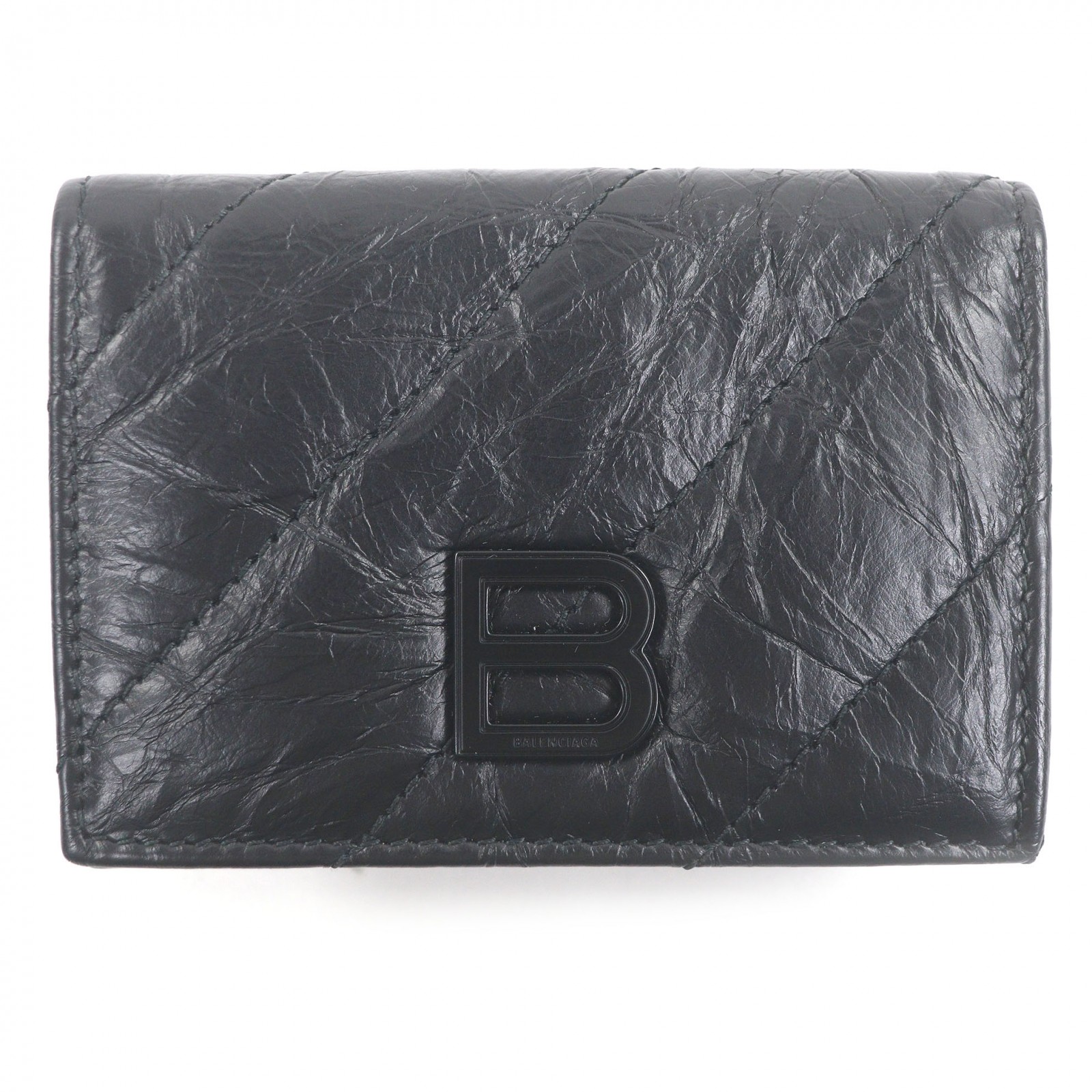 極美品□BALENCIAGA バレンシアガ 766463 Crush 衝突 なめし革 Bロゴタイプ金具 三つ折りがま口 ミニウォレット 黒いこと イタリア製 メンズ【中古】 財布・ケース-バッグ・小物・ブランド雑貨-メンズ財布