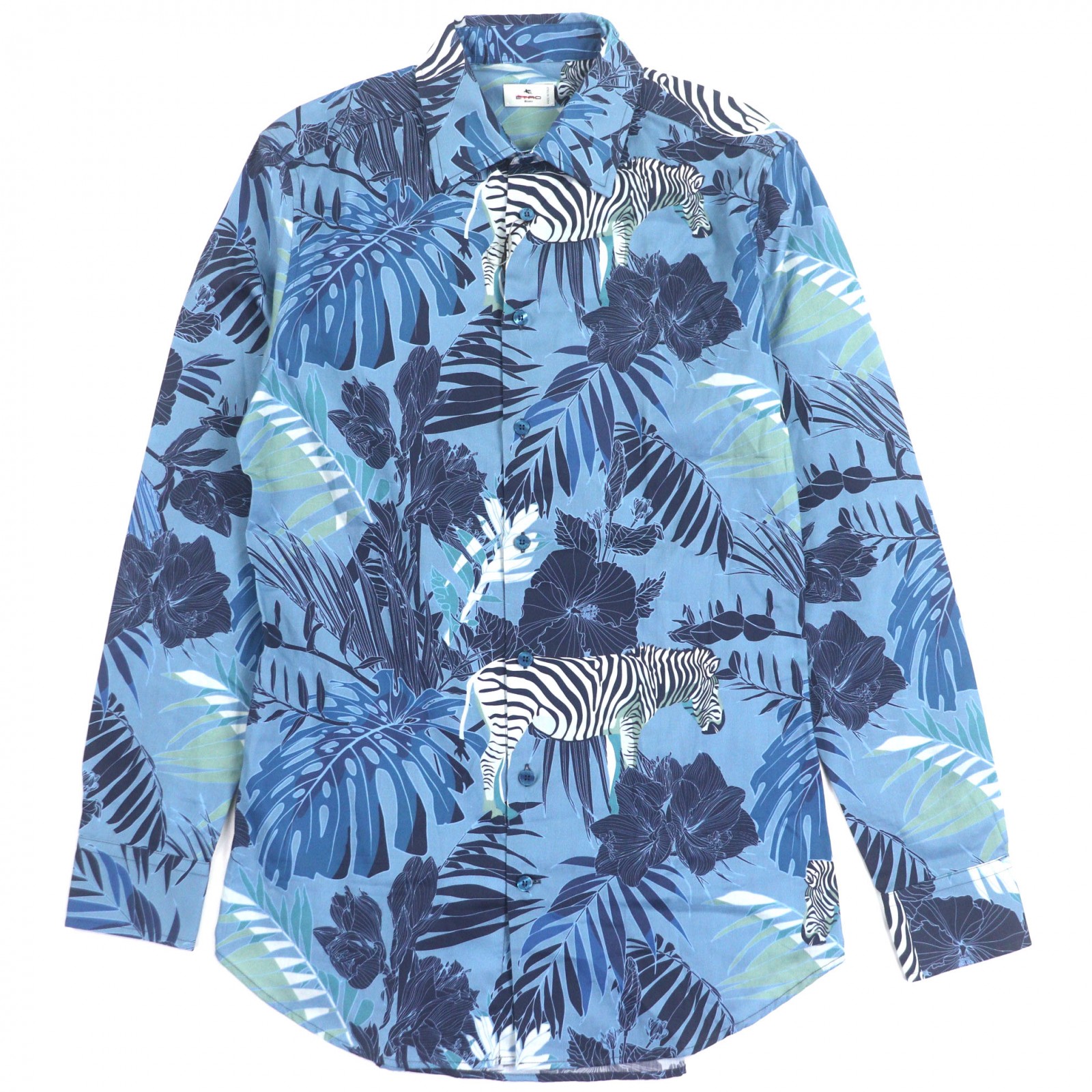 未使用品▼ETRO エトロ 22SS コットン100% ゼブラ 総柄 ロゴ入りボタン ロングスリーブ 長袖シャツ ブルー 39 イタリア製 正規品 メンズ【中古】
