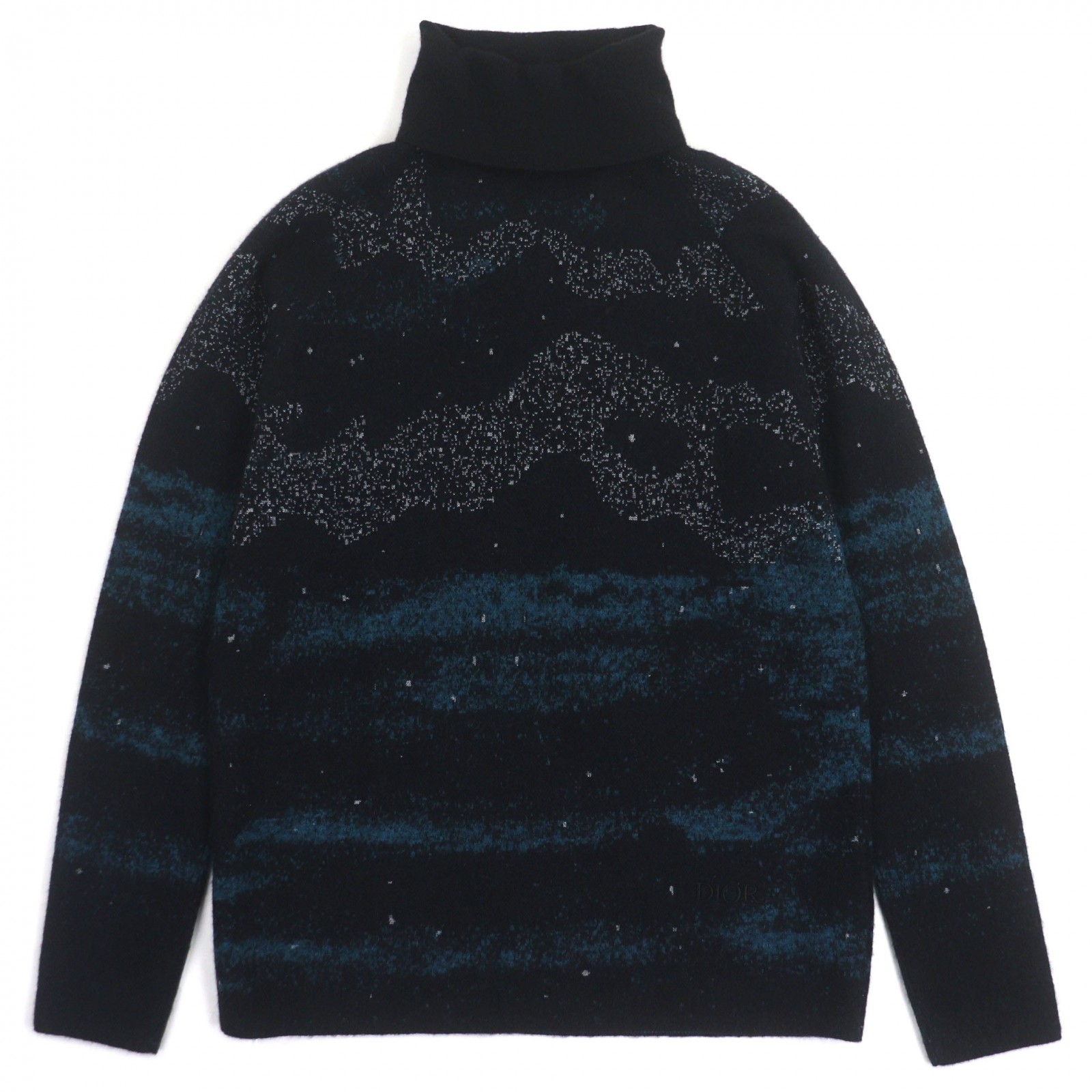 美品▼DIOR Peter Doig ディオール オム ピータードイグ 143M649AT276 モヘア アルパカ ロゴ刺繍 タートルネック ジャガードニット セーター ブラック ブルー L イタリア製 正規品 メンズ【中古】
