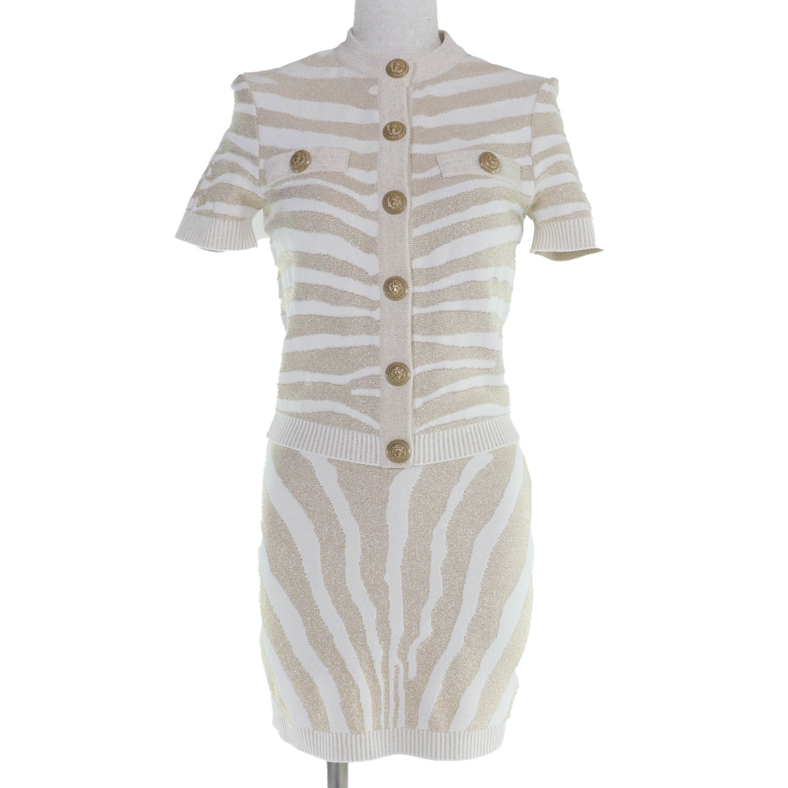 極美品☆BALMAIN バルマン KL020KD48/LB005KD48 ゼブラ柄 編み物 トップス・ミニスカート セットアップ ゴールド 36・38 イタリア製 レディース【中古】