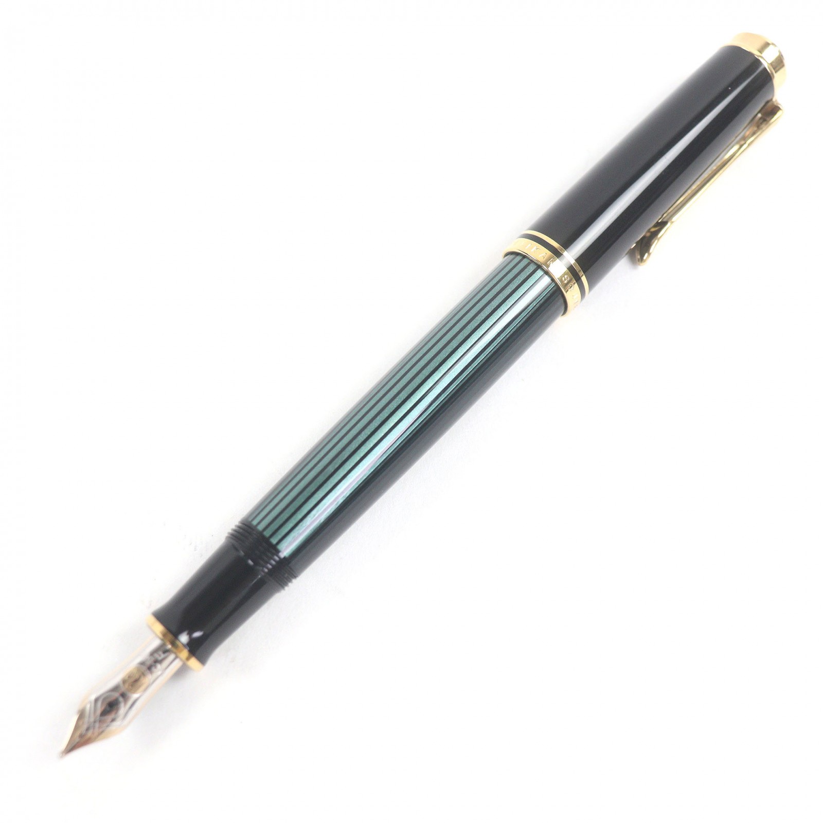 未使用品□PERIKAN ペリカン M400 スーベレーン ペン先14C Fニブ キャップ式 万年筆 グリーンストライプ ブラック 箱・ケース付き ドイツ製 メンズ【中古】 28,600円
