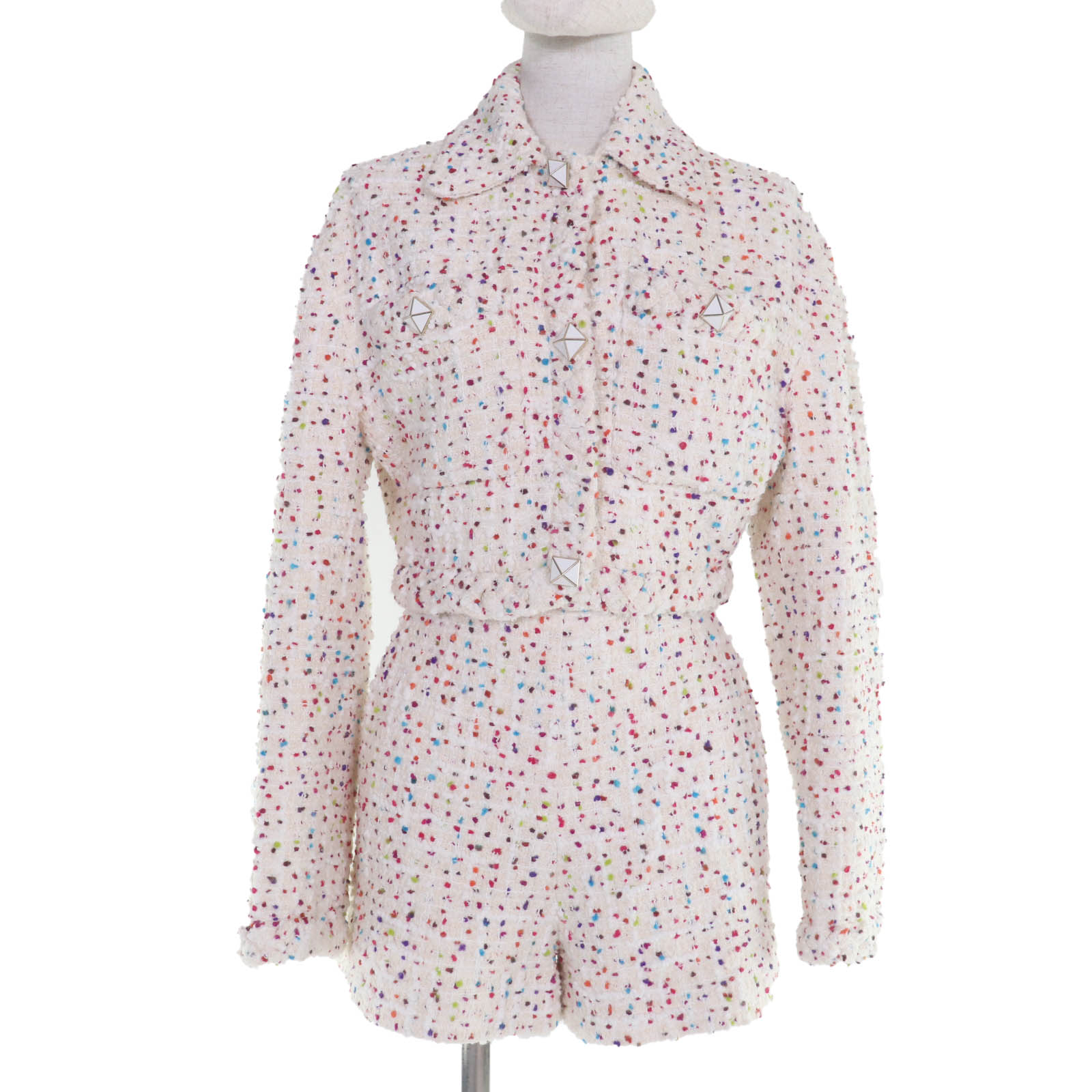 極美品☆VALENTINO ヴァレンティノ 22AW XB3CE2P56VP/ XB3RF1V76VP スタッズボタン ツイードジャケット・ショートパンツ セットアップ マルチ色つや 38・36 イタリア製 定め事品 レディース【中古】