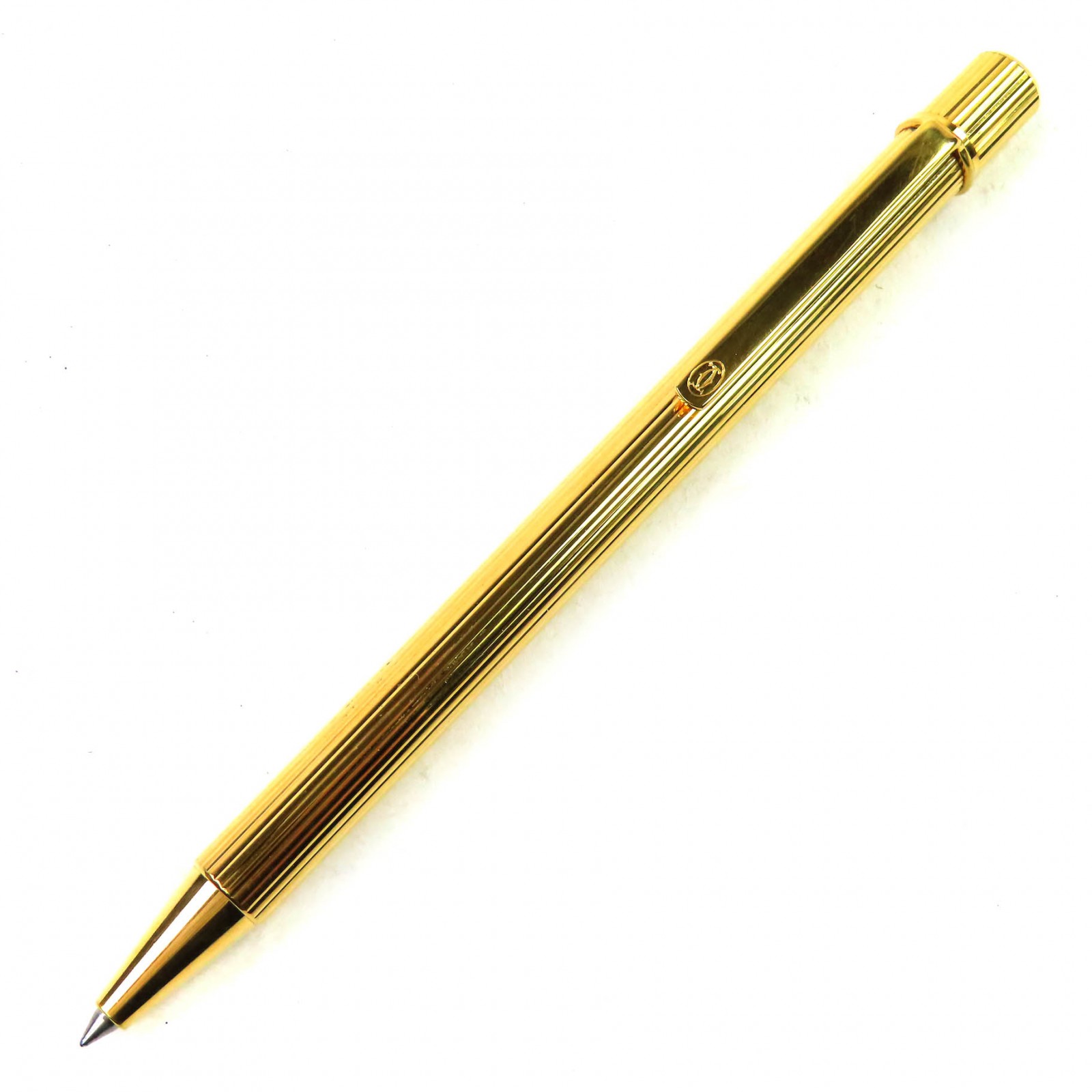 良品△Cartier カルティエ マスト ドゥ カルティエ ストライプ柄 ツイスト式 ボールペン ゴールド フランス製 メンズ 筆記確認済み【中古】
