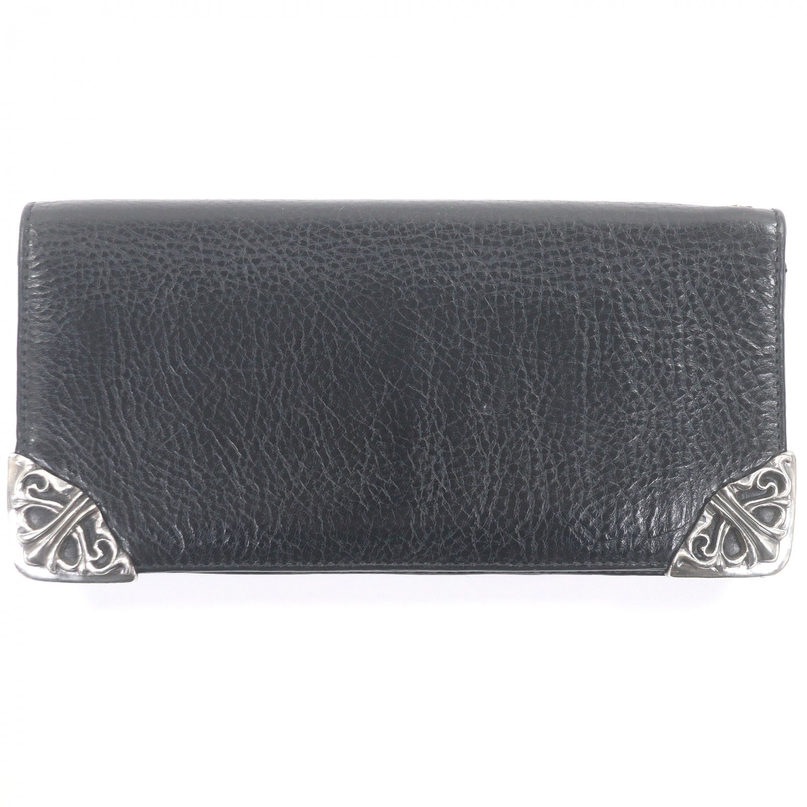 美品□CHROME HEARTS クロムハーツ  LNG SNGL FLD TIPS なめし革 SV925 シングル フォールド スクロール付け紙 ロングウォレット 二つ折り 長金入れ 黒いこと メンズ【中古】