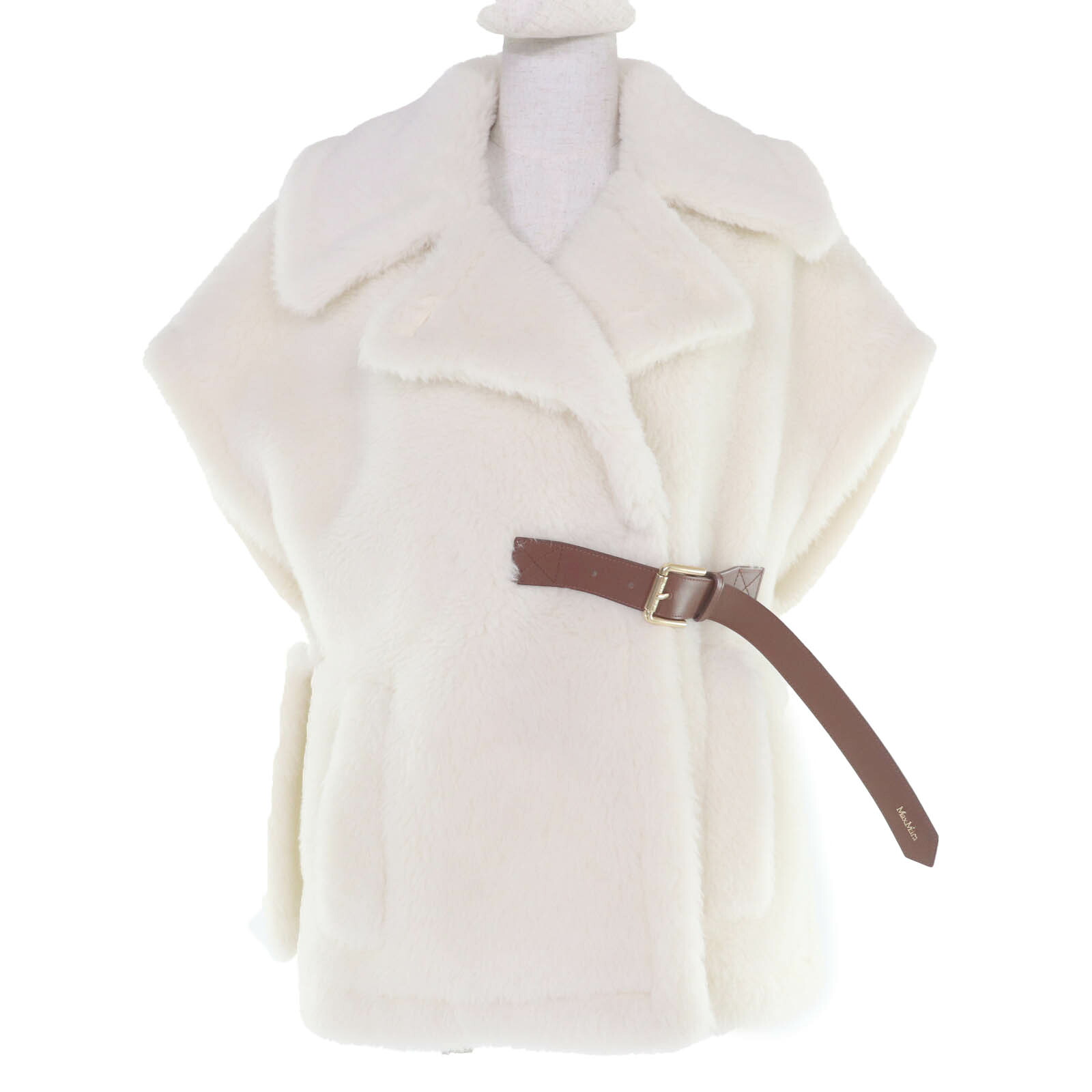 極美品☆Max Mara マックスマーラ 2024年製 24247363026 テディベアコート アルパカ ウール シルク混 レザー使い ホワイト SM イタリア製 正規品 レディース【中古】
