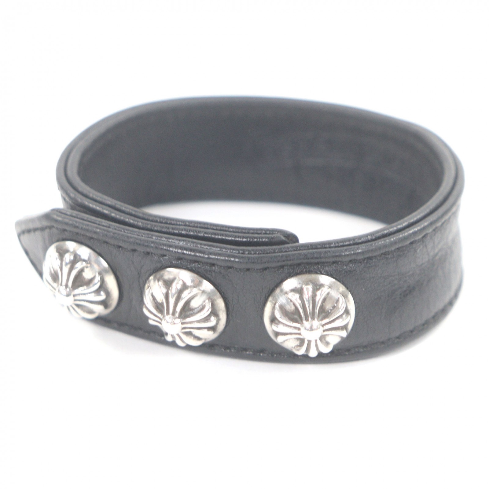 美品□CHROME HEARTS クロムハーツ レザー SV925 3クロスボールボタン 2スナップ ブレスレット ブラック シルバー 総重量34g メンズ【中古】