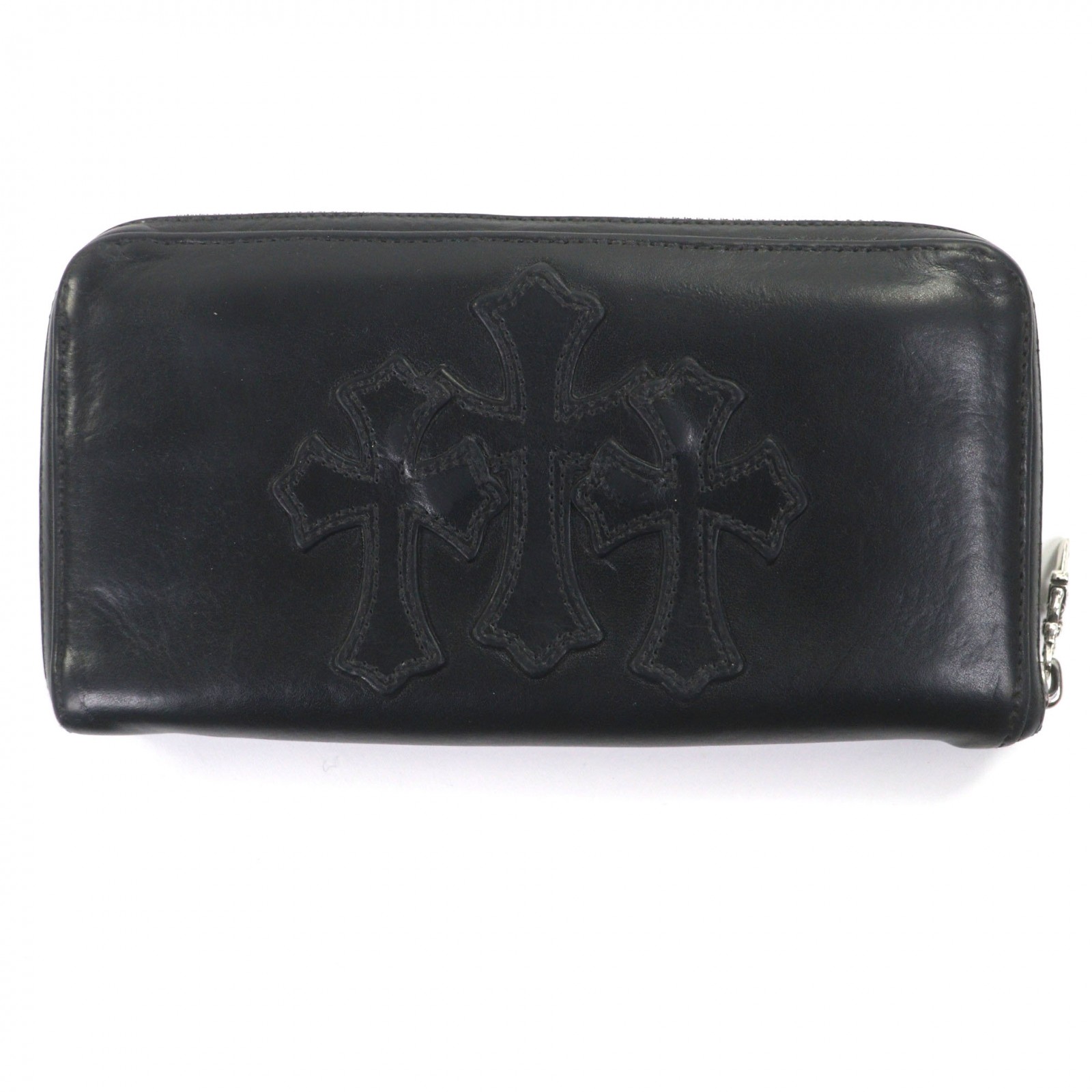 良品▼CHROME HEARTS クロムハーツ REC F ZIP 3 PTCH 3クロス レザー ラウンドジップ レザーウォレット 長財布 ブラック シルバー金具 メンズ【中古】