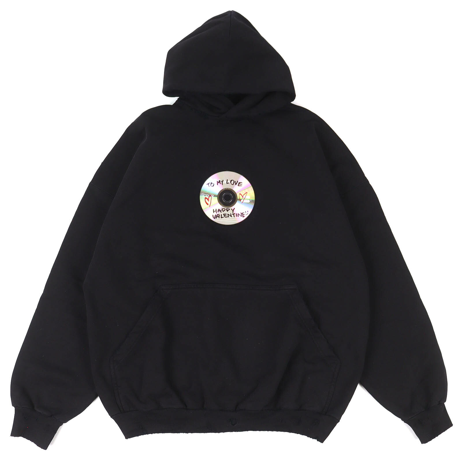 未使用品△BALENCIAGA バレンシアガ 739024 VALENTINE CD HOODIE コットン100％ バレンタイン CDダメージ加工 プルオーバー パーカー ブラック 2 正規品 メンズ【中古】
