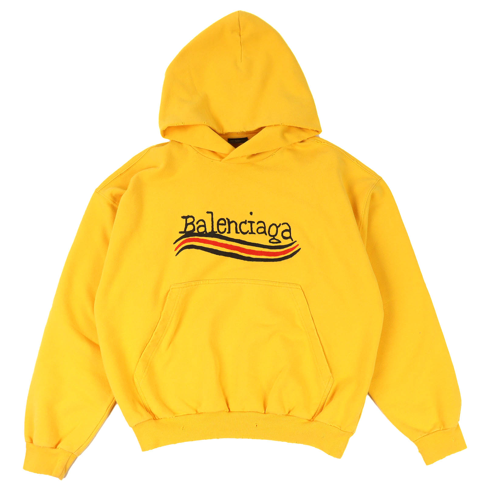 未使用品△BALENCIAGA バレンシアガ 23SS 720426 コットン100％ キャンペーンロゴ ダメージ加工 フーディー パーカー イエロー XS 正規品 メンズ【中古】