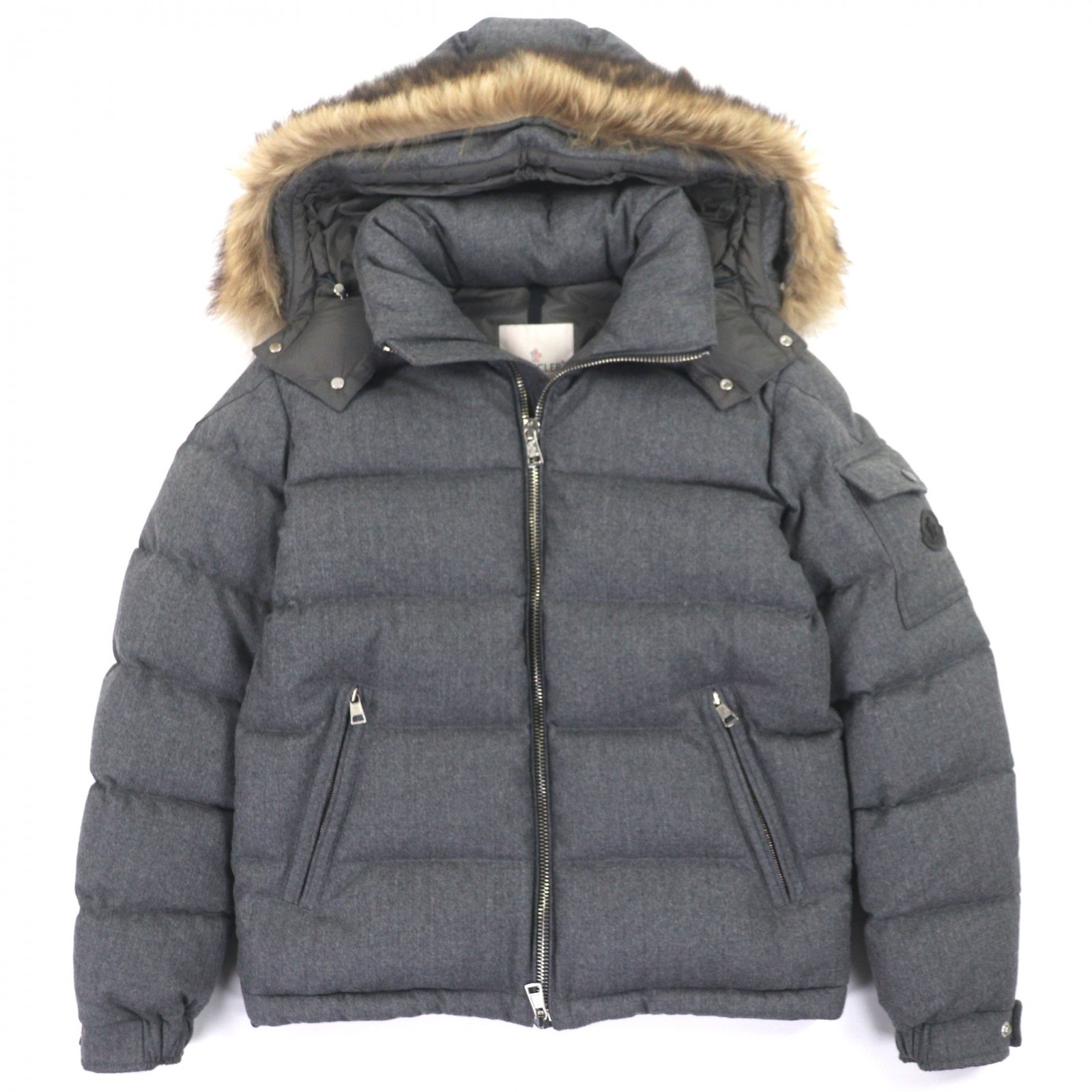 美品▼MONCLER モンクレール 19-20AW ALLEMAND レザーロゴワッペン付き フーデッド マーモットファー ダブルジップアップ ダウンジャケット グレー 1 正規品 メンズ【中古】