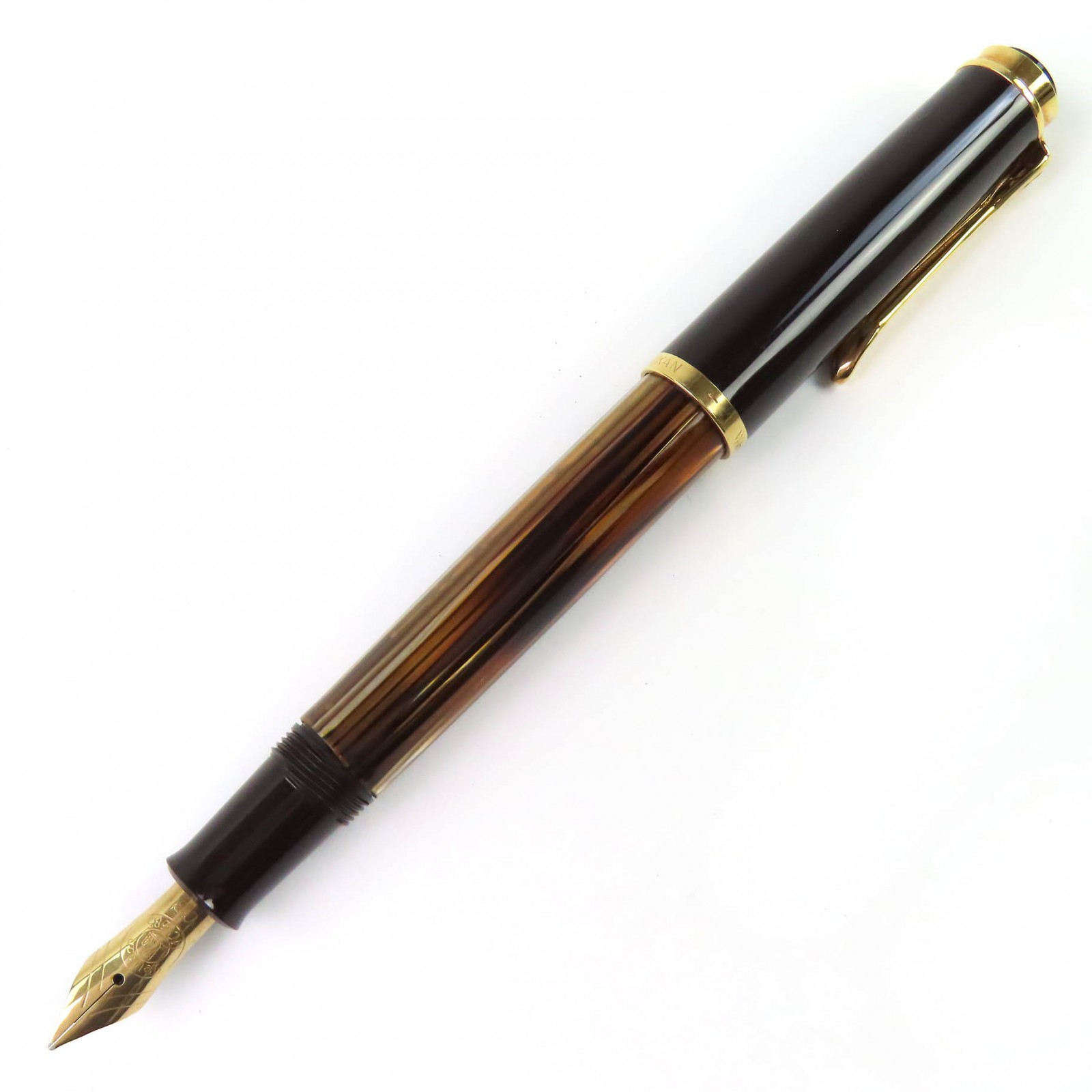 美品△PERIKAN ペリカン ヴィンテージ スーベレーン M400 ペン先14K OBニブ 茶縞 万年筆 ブラック ゴールド 西ドイツ製 メンズ【中古】