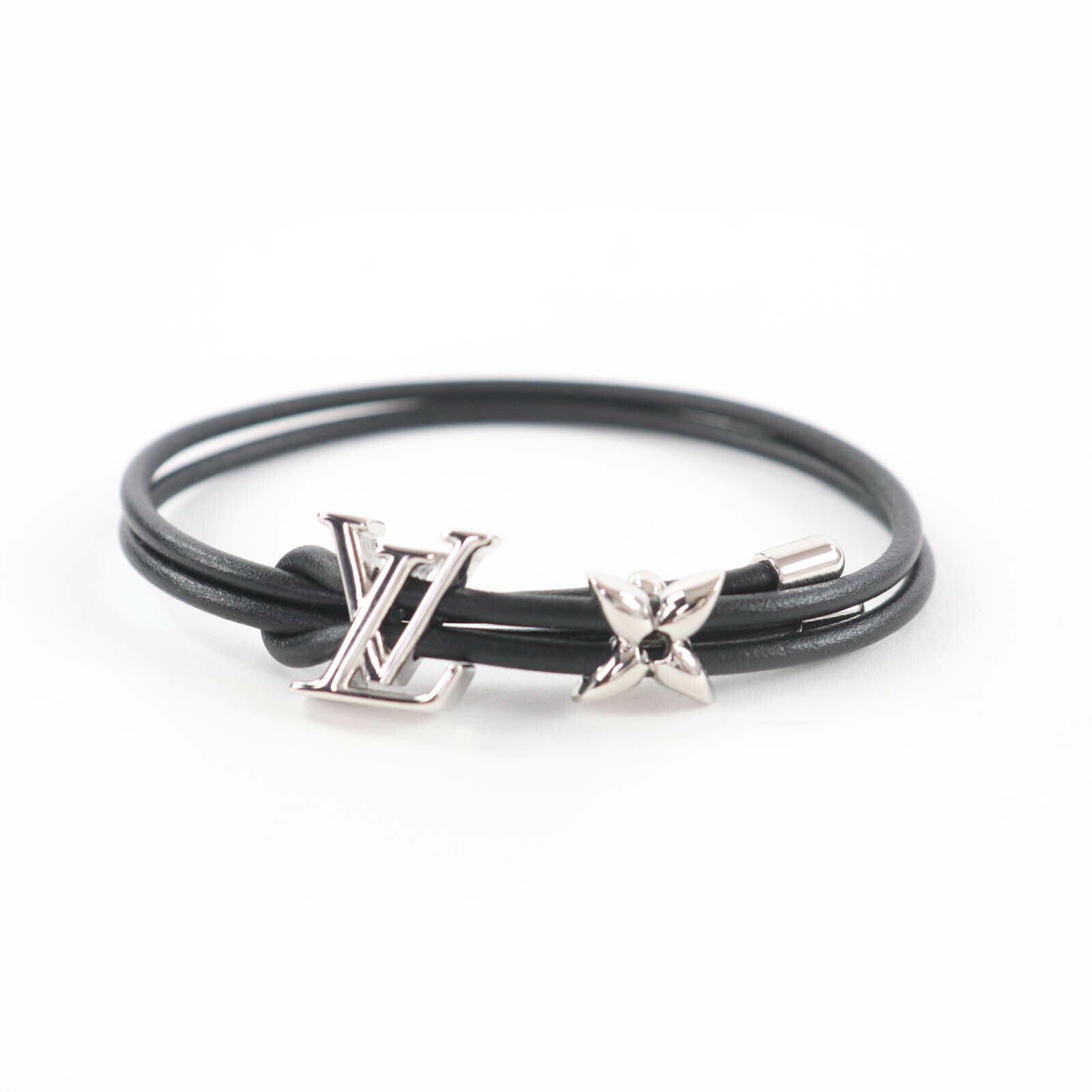 未使用品☆LOUIS VUITTON ルイヴィトン M8970Z ブレスレット LVブルーム モノグラム フラワー レザー ブレスレット ブラック シルバー金具 箱・保存袋付き レディース【中古】