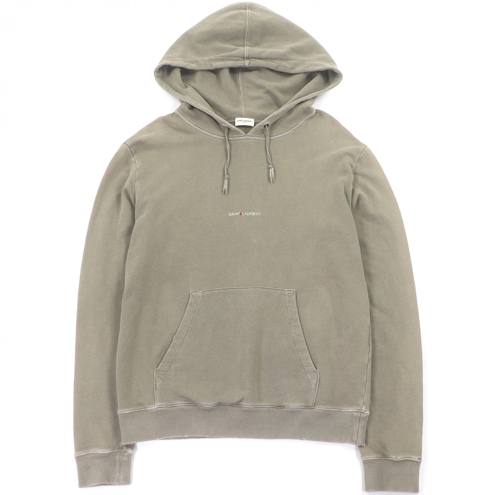 美品□SAINT LAURENT PARIS サンローランパリ 532119 ヴィンテージ加工 フロントロゴ プルオーバーパーカー フーディー カーキ系 S イタリア製 正規品 メンズ【中古】