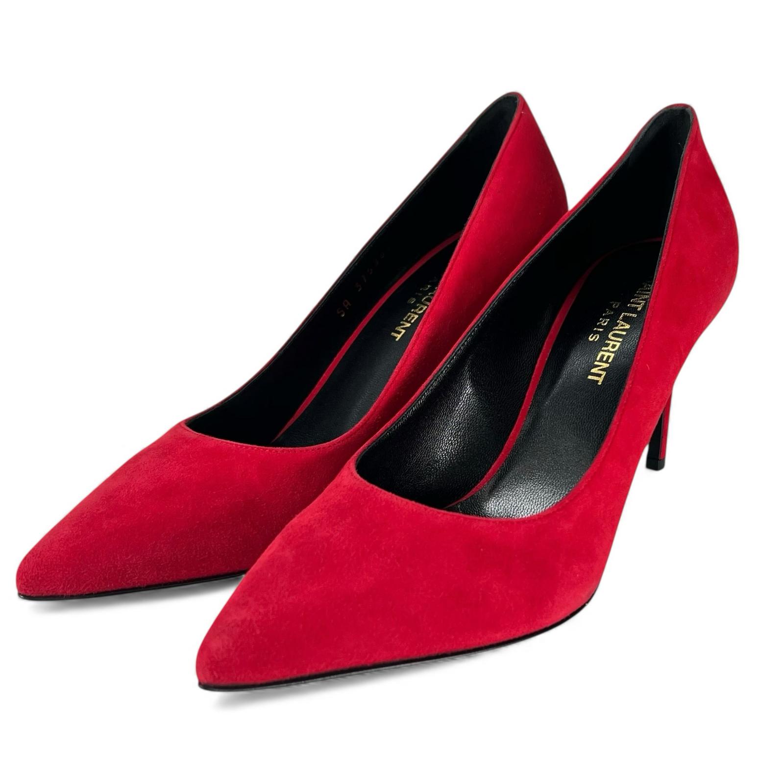 未使用品▲SAINT LAURENT サンローラン スウェードレザー ポインテッドトゥ ピンヒール パンプス レッド 37.5 箱・保存袋付き イタリア製 レディース【中古】