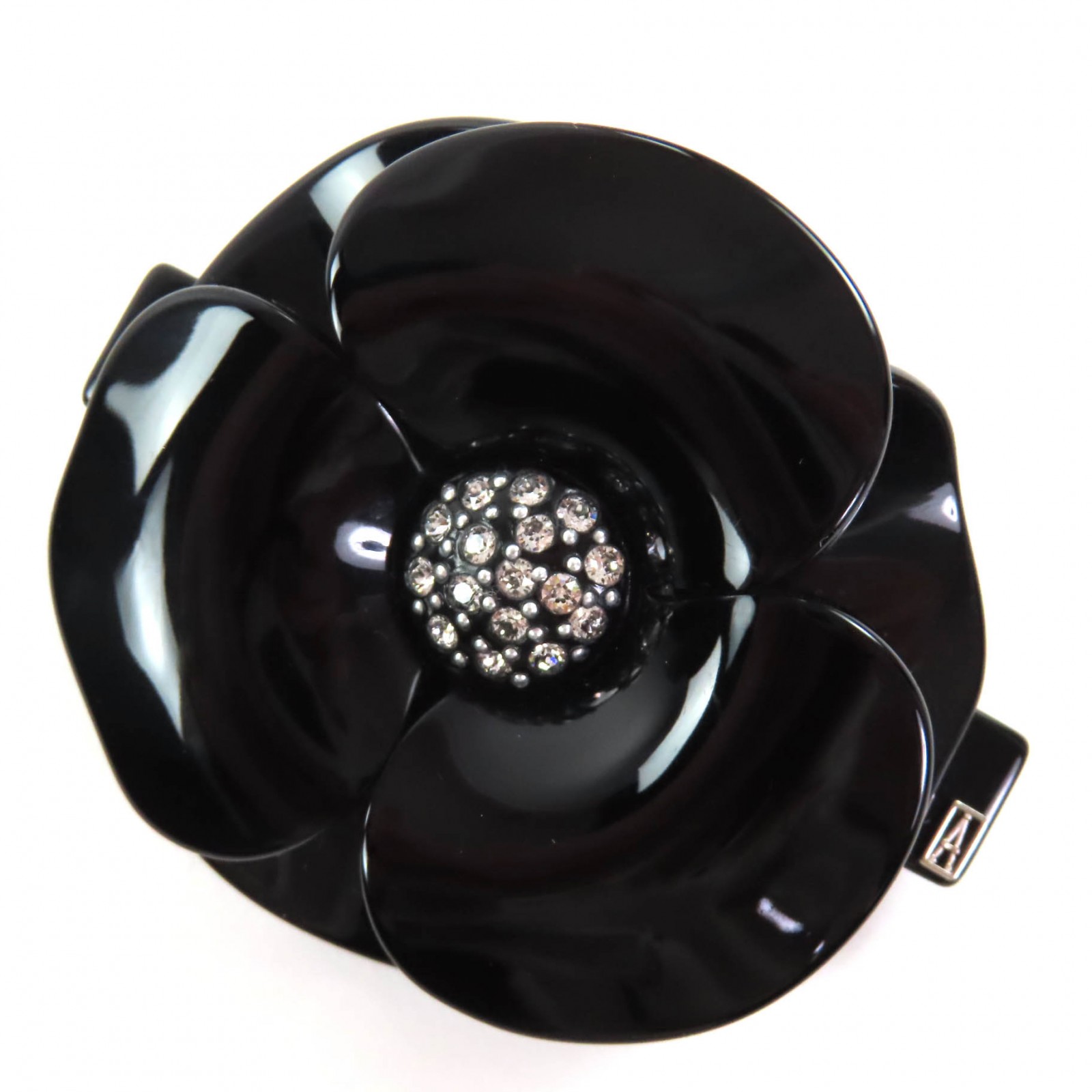 極美品◇ALEXANDRE DE PARIS アレクサンドル ドゥ パリ カメリアモチーフ ストーン装飾 バレッタ ヘアアクセサリー ブラック 保存袋付き フランス製 レディース【中古】