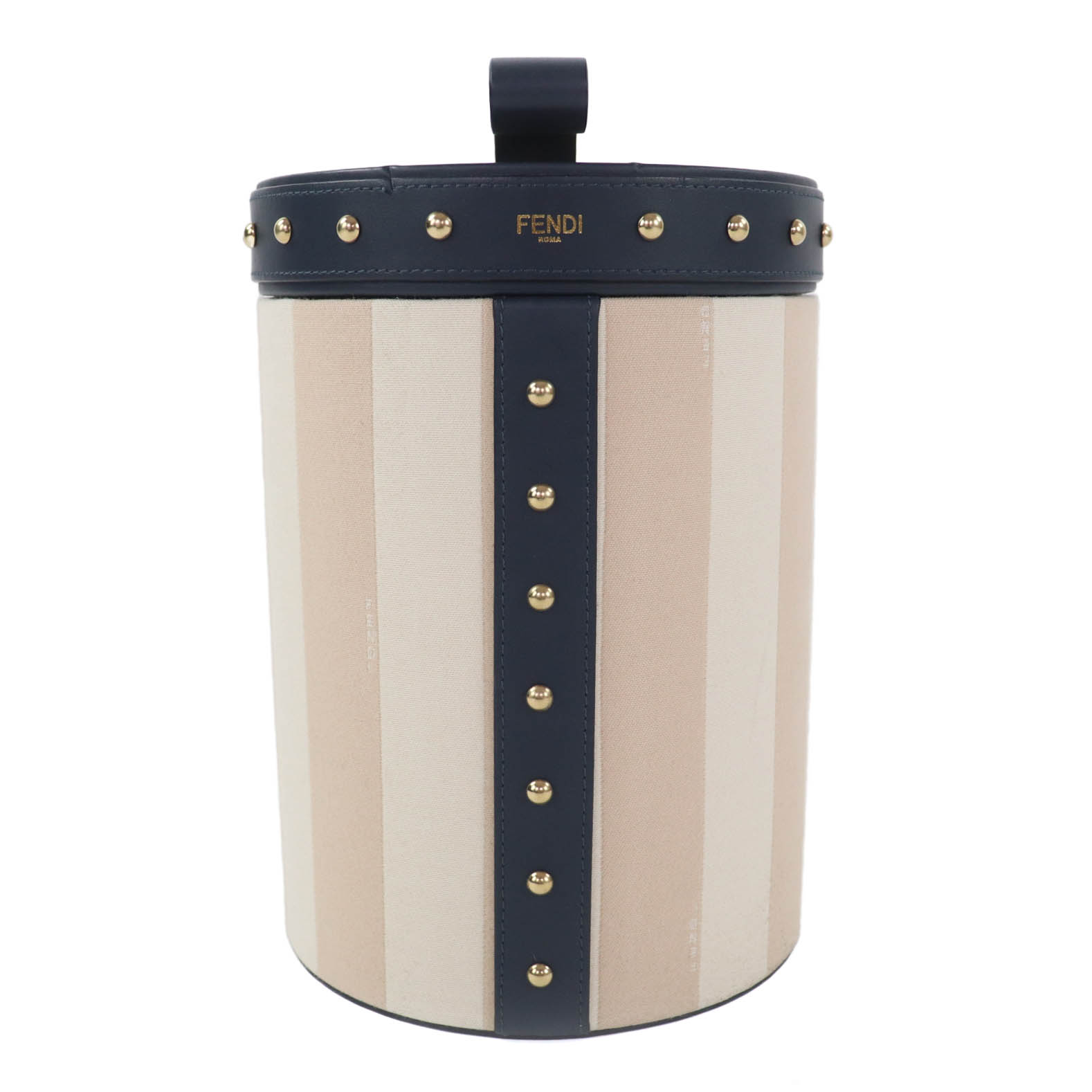 美品◇FENDI フェンディ ストライプ スタッズ レザー使い バニティーポーチ/コスメボックス ベージュ ネイビー ゴールド金具 保存袋付き イタリア製 レディース【中古】｜衣類＆ブランドリサイクル GREEN