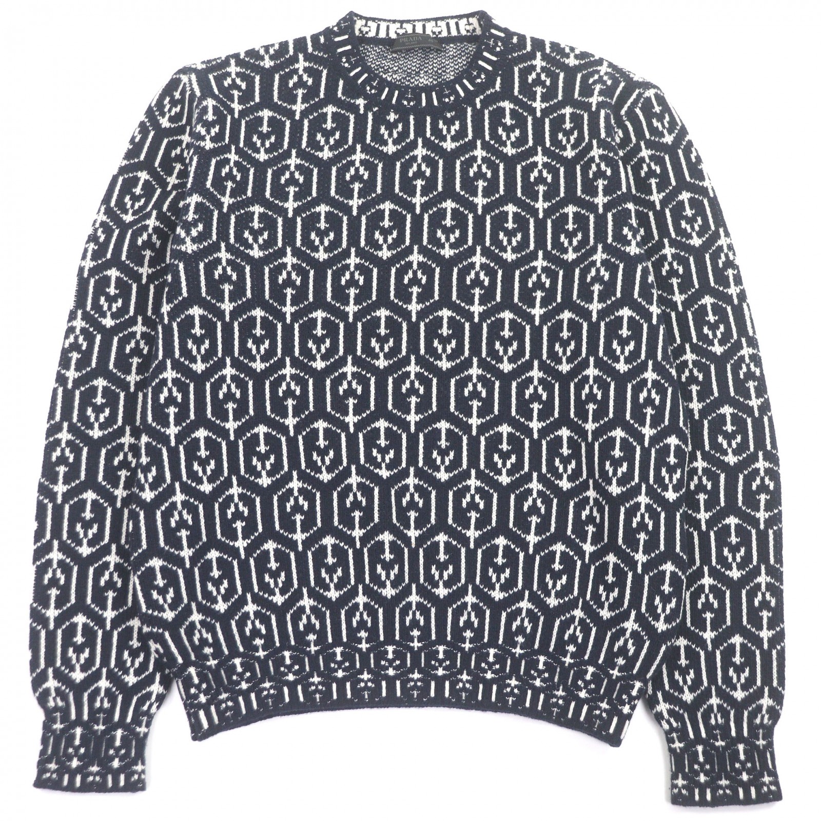 美品□PRADA プラダ 21AW UMB258 バージンウール カシミヤ 総柄 トライアングルロゴ ロングスリーブニット セーター ネイビー ホワイト 46 イタリア製 正規品 メンズ【中古】