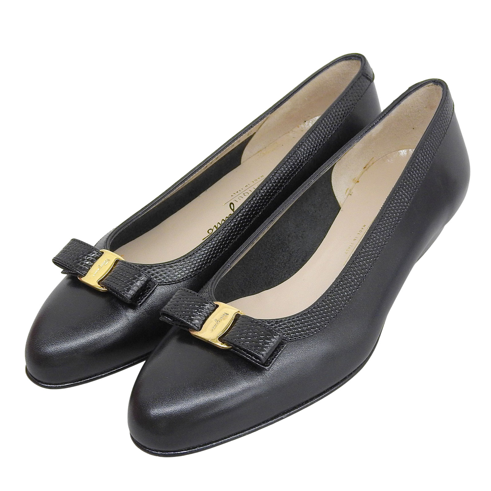 極美品▲Salvatore Ferragamo サルヴァトーレフェラガモ BABY ヴァラリボン レザー パンプス ブラック 5.5 箱付き イタリア製 レディース【中古】