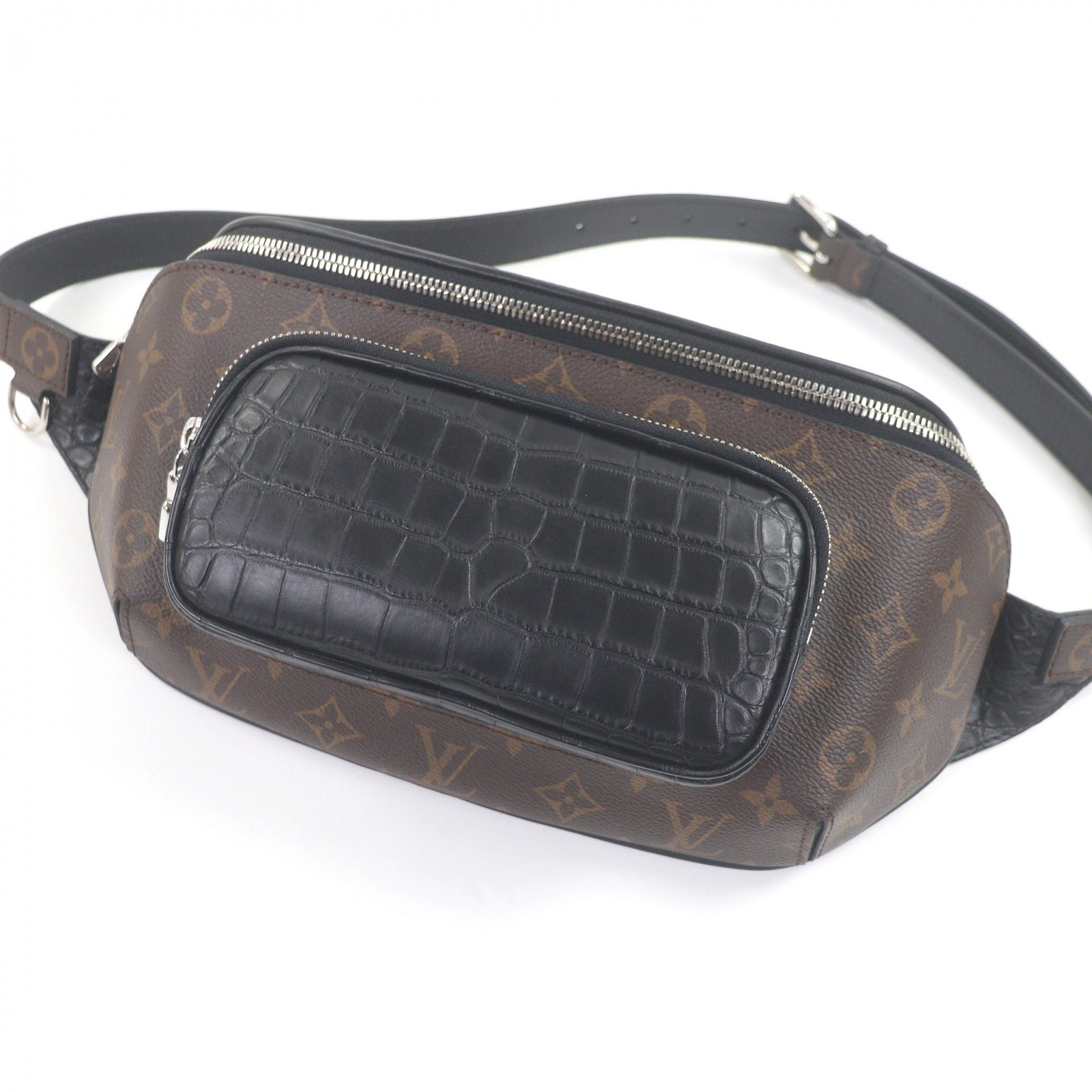 未当て嵌める品□LOUIS VUITTON ルイヴィトン N96217 モノグラム帆布 クロコダイル エキゾチックレザー バムバッグ 上半身御徒面子 赤銅色 黒いこと 保護すること袋付き添い人 フランス共和国製 メンズ【中古】